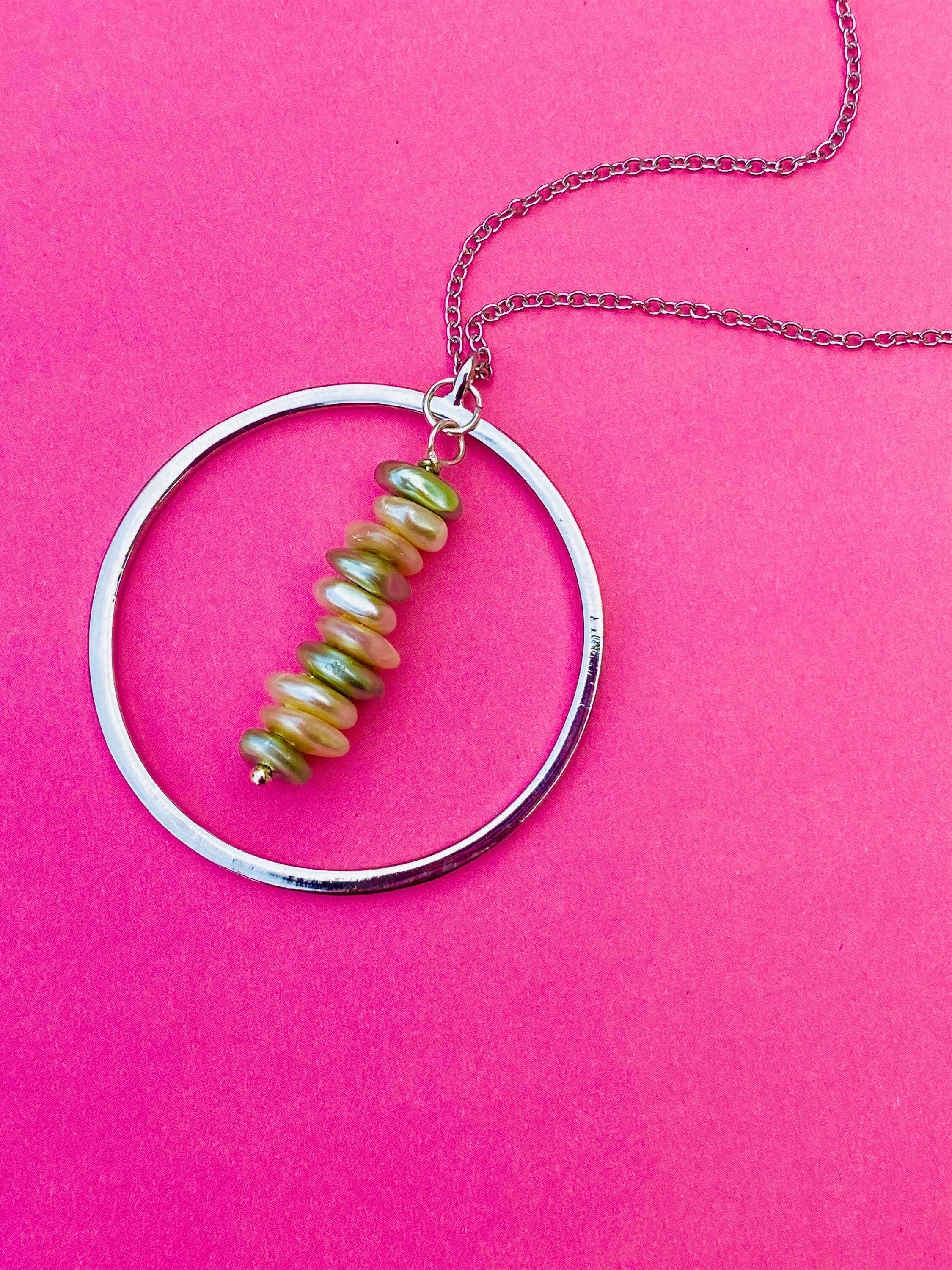 Cream Sage Pearl Necklace, Silver Circular Pendant, 30 inch Chain