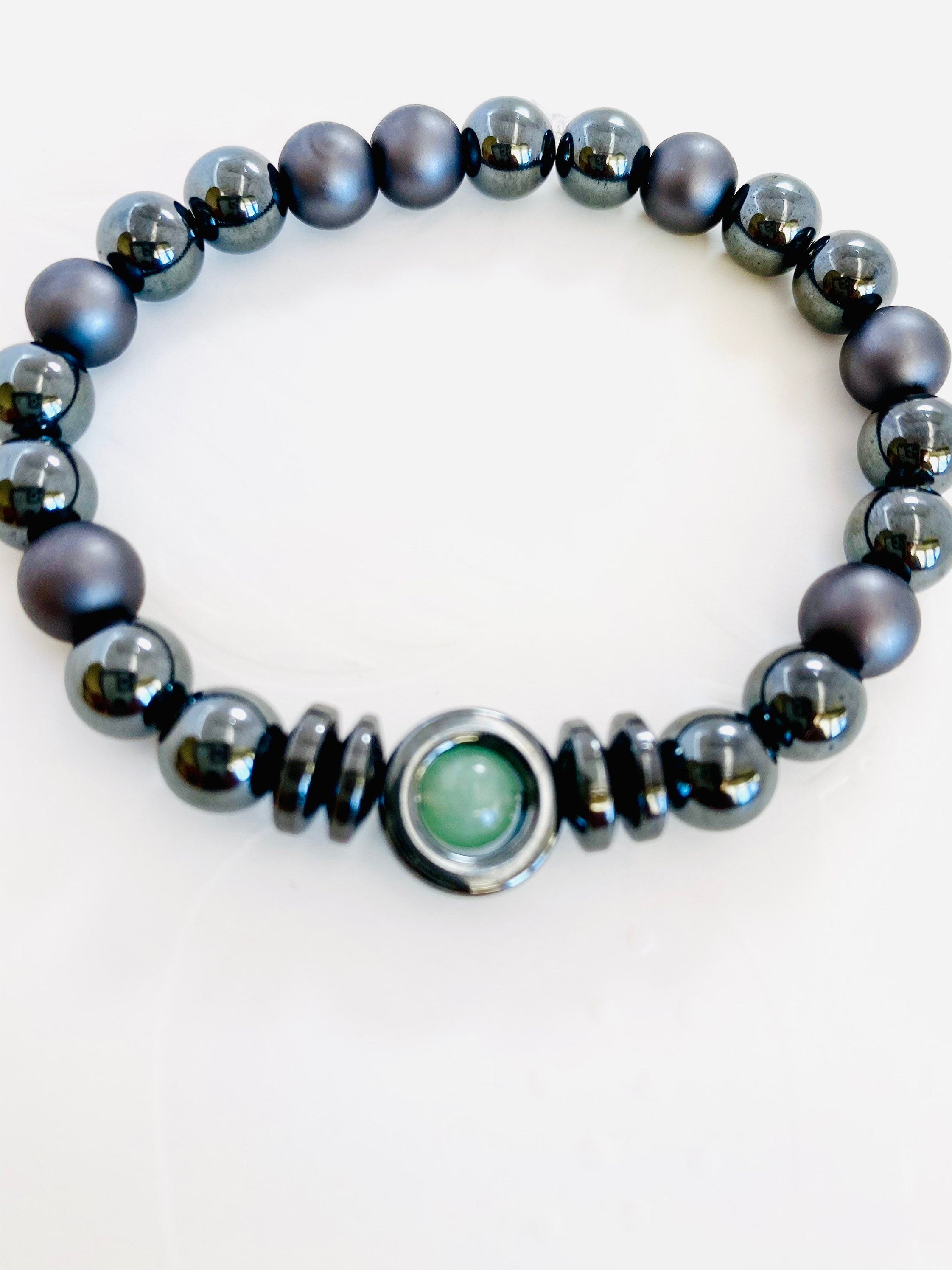 Jade Hematite Gemstone Stretch Bracelet, Unisex Healing Jewelry