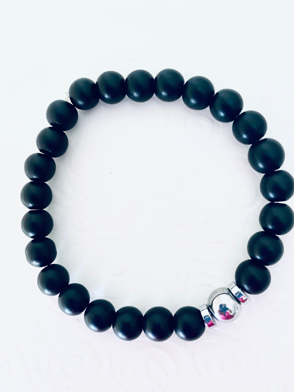 Matte Onyx Gemstone Bracelet, Silver Hematite Focal Bead, Unisex