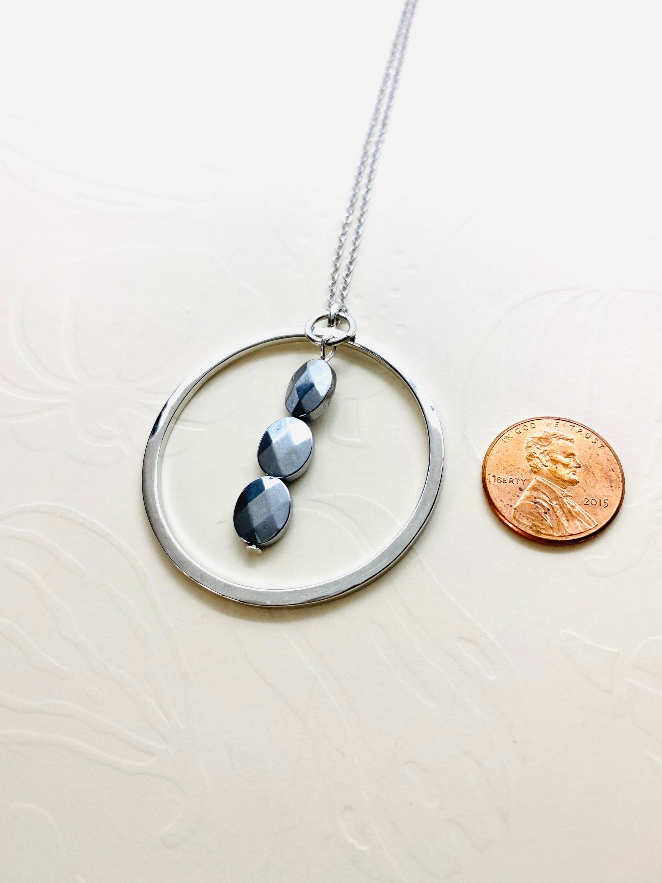 Silver Plated Circular Pendant Necklace, Faceted Bead Accent, 30 Inch