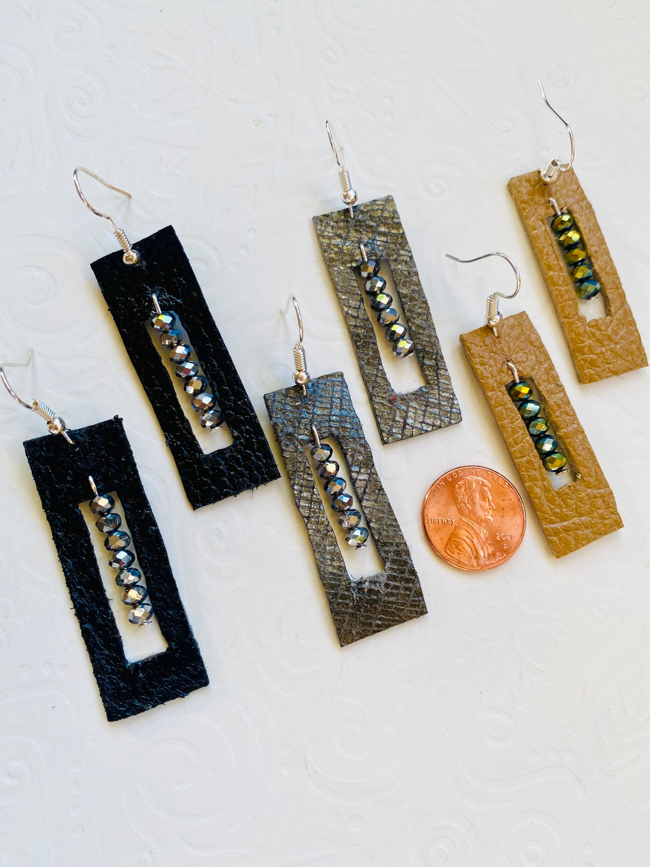 Rectangular Leather Earrings, Crystal Beaded, Handmade
