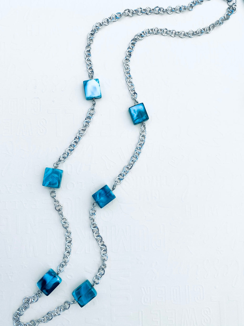 Blue Swirl Glass Bead Necklace, Silver Chain, 32 Inch