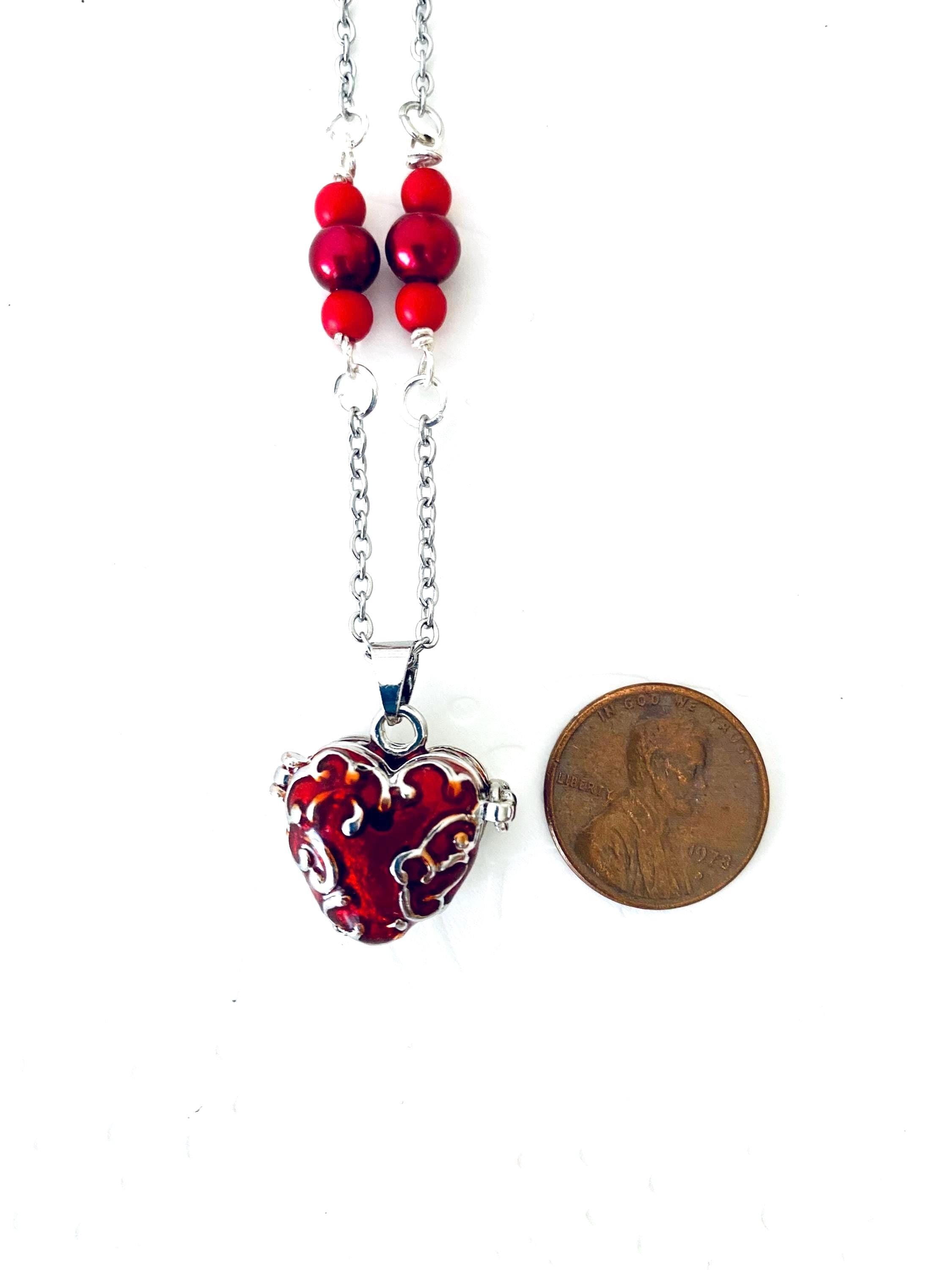 Red Heart Locket Necklace, Filigree Pendant, Sentimental Keepsake
