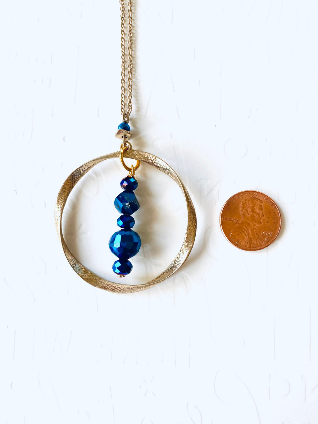 Royal Blue Crystal Pendant Necklace, Gold Plated Circular Necklace, 30 Inch