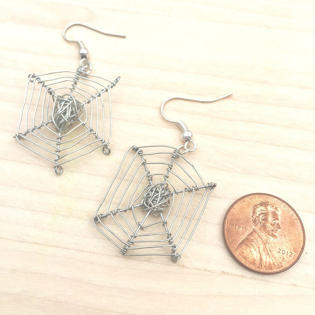 Silver Plated Wire Spider Web Earrings, Halloween Jewelry