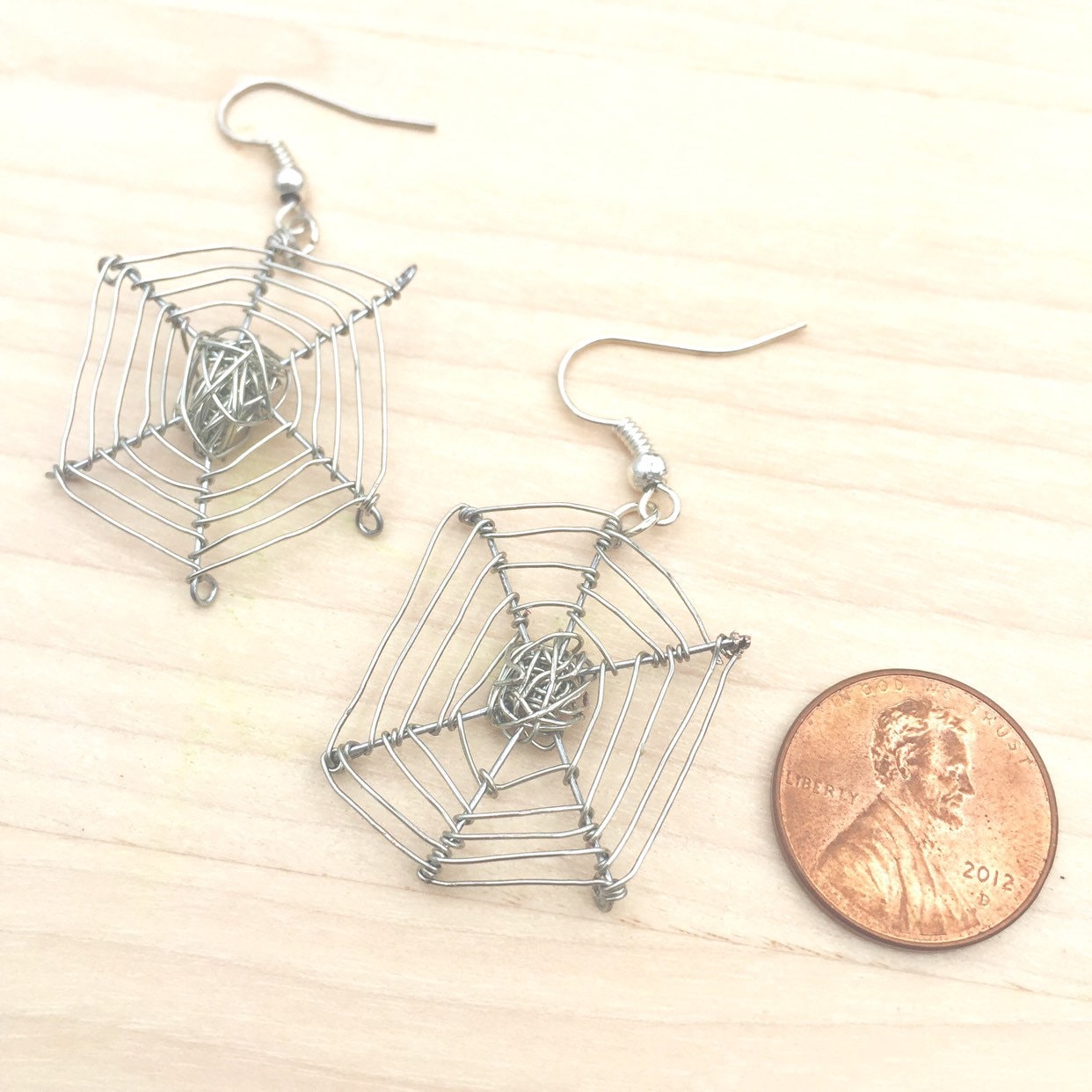 Silver Plated Wire Spider Web Earrings, Halloween Jewelry