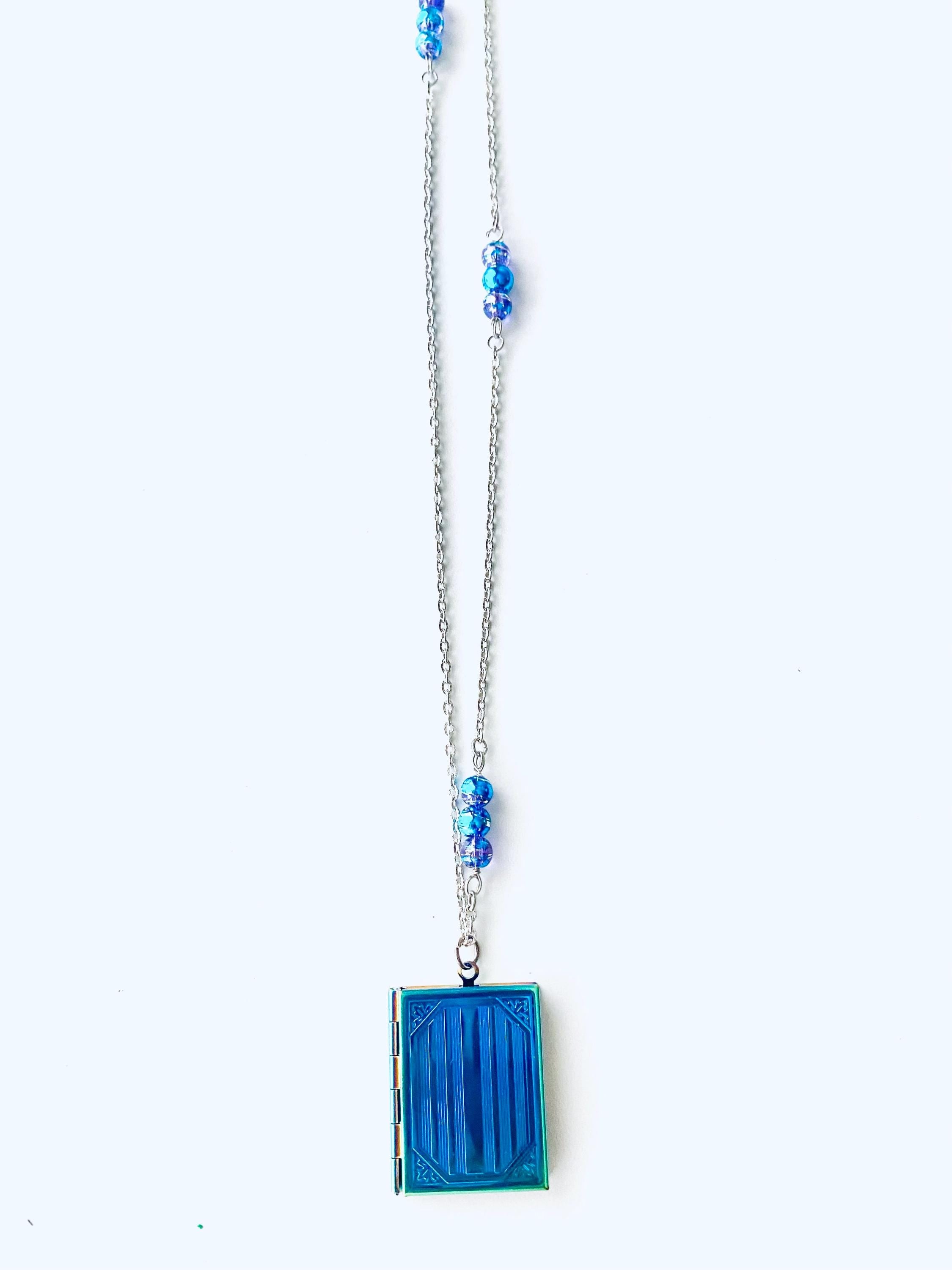 Iridescent Blue Locket Pendant Necklace, Silver Chain, 30 inch