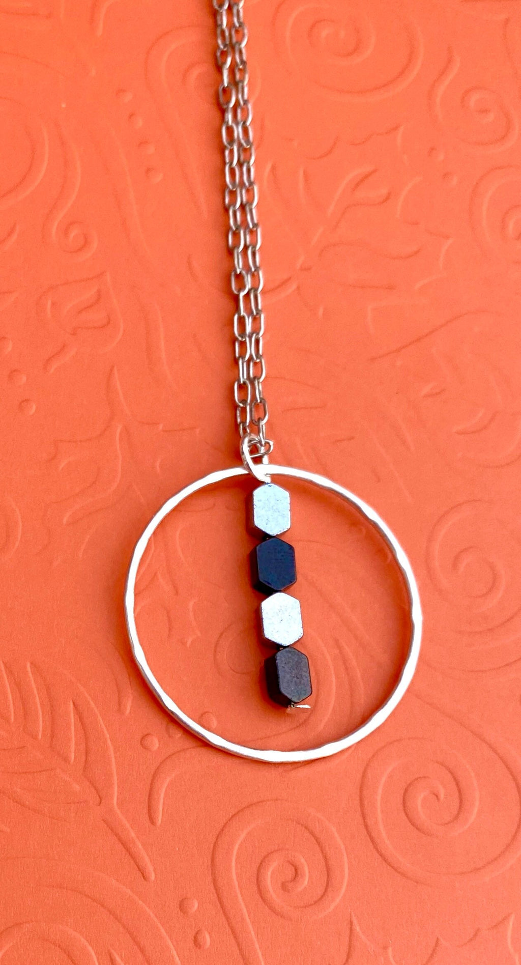 Circular Pendant Necklace, Silver & Black Hematite Beads