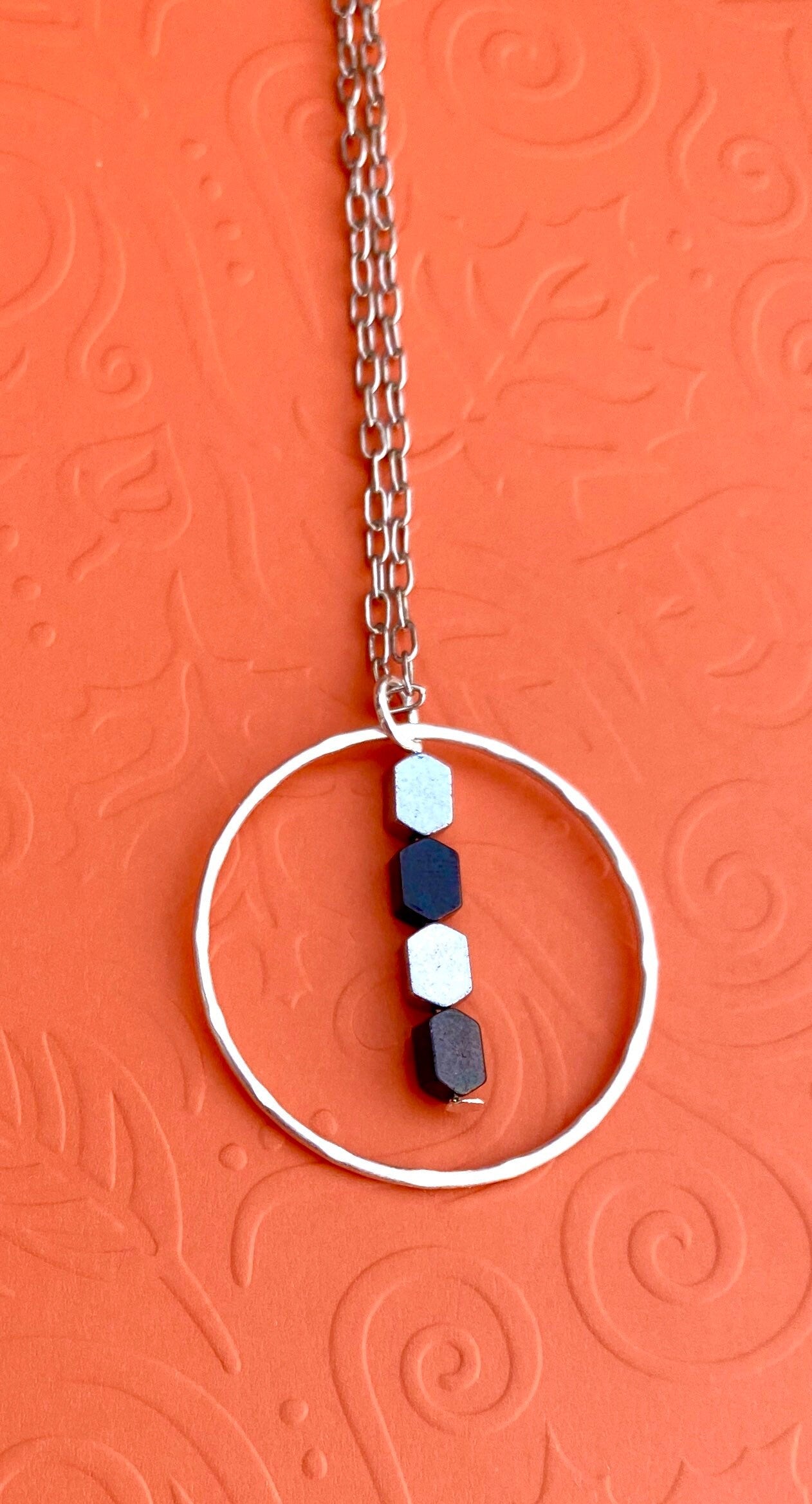 Circular Pendant Necklace, Silver & Black Hematite Beads