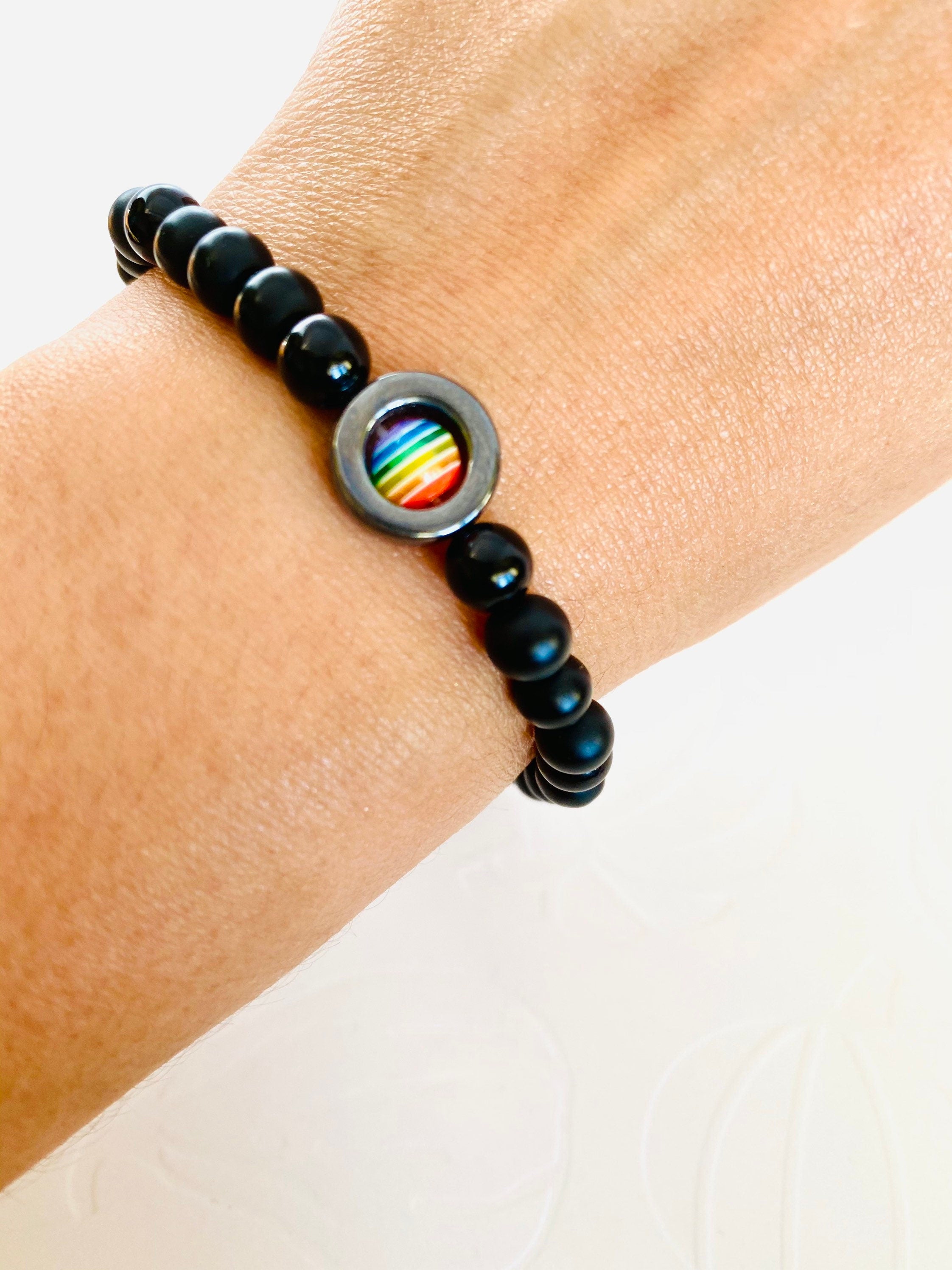 Onyx Pride Bracelet, Rainbow Resin Bead, LGBT Stretch Bracelet