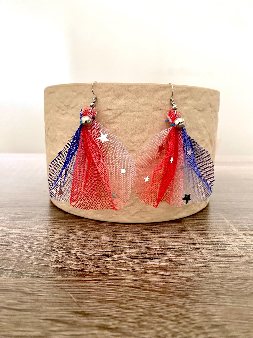 4th of July Tulle Earrings, Patriotic Silver Star Dangle