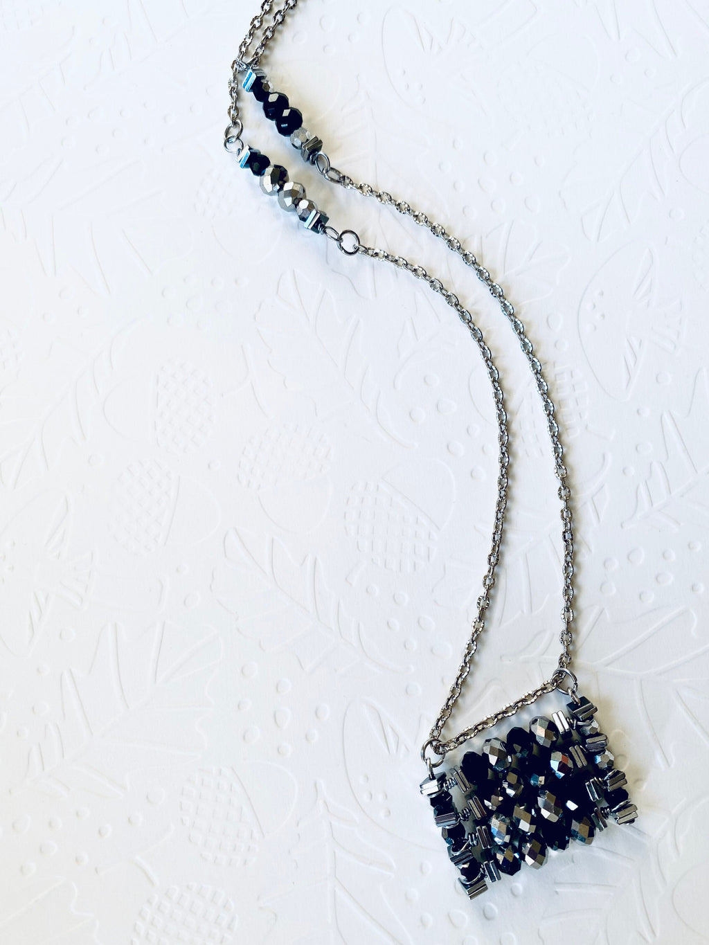 Black Silver Beaded Pendant Necklace, Festive Rectangular Jewelry, 30 Inch Chain