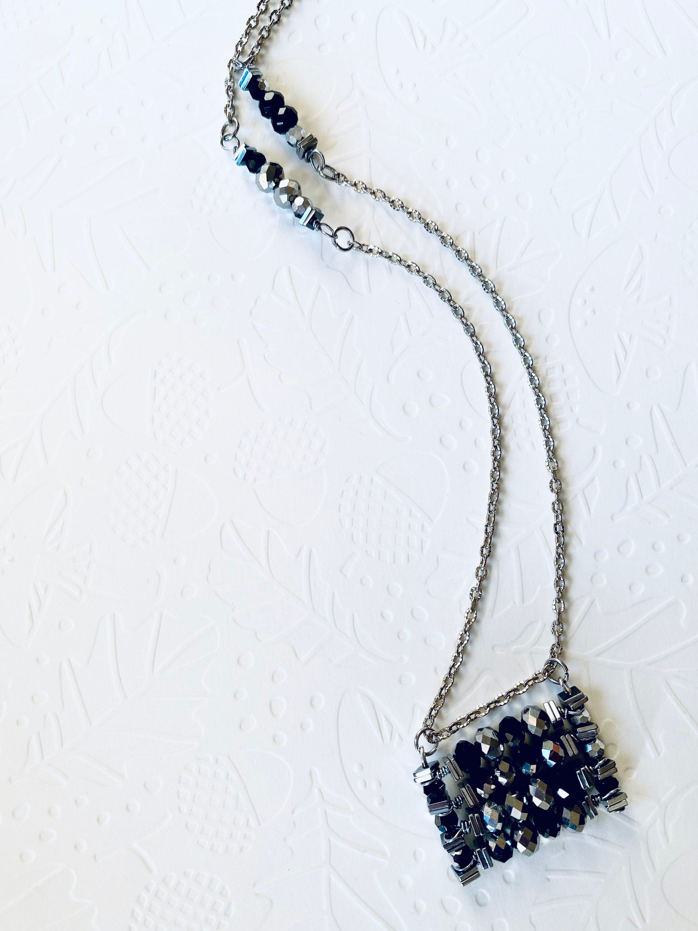 Black Silver Beaded Pendant Necklace, Festive Rectangular Jewelry, 30 Inch Chain