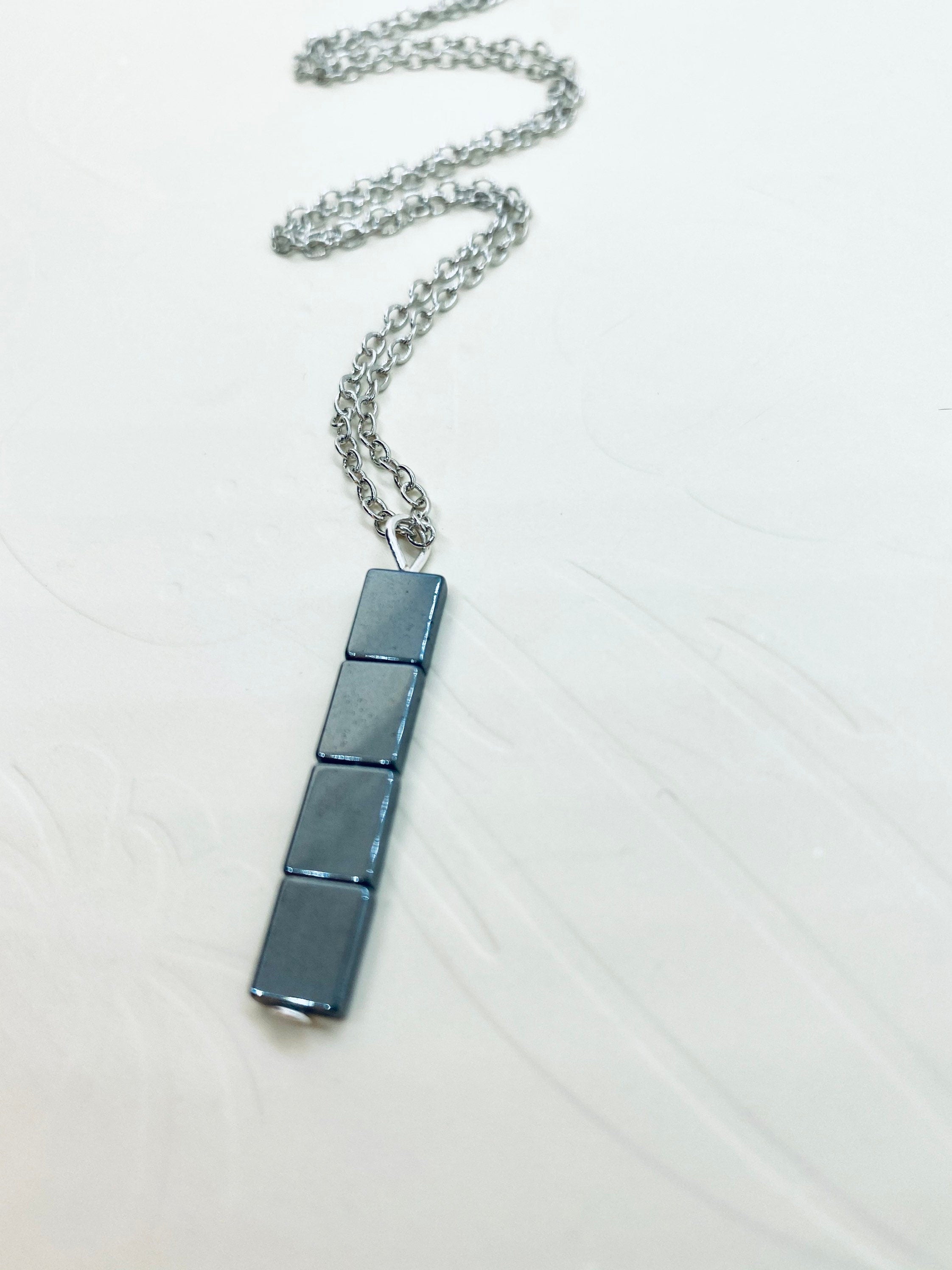Hematite Bar Pendant Necklace, Gunmetal & Silver Plated Chain