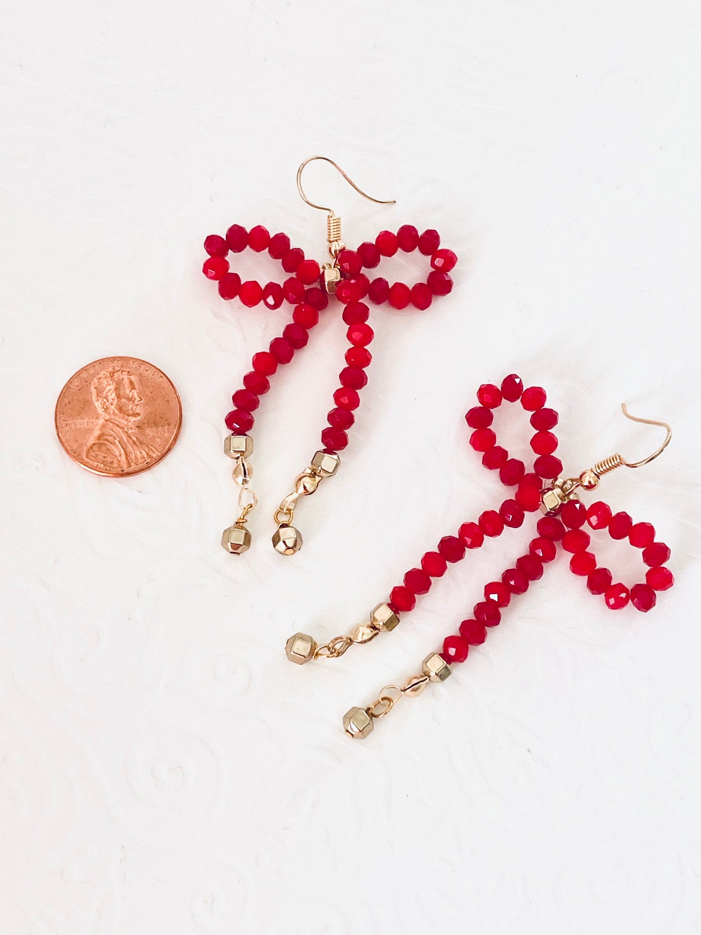 Red Crystal Bow Earrings, Gold Plated Hooks, Handmade
