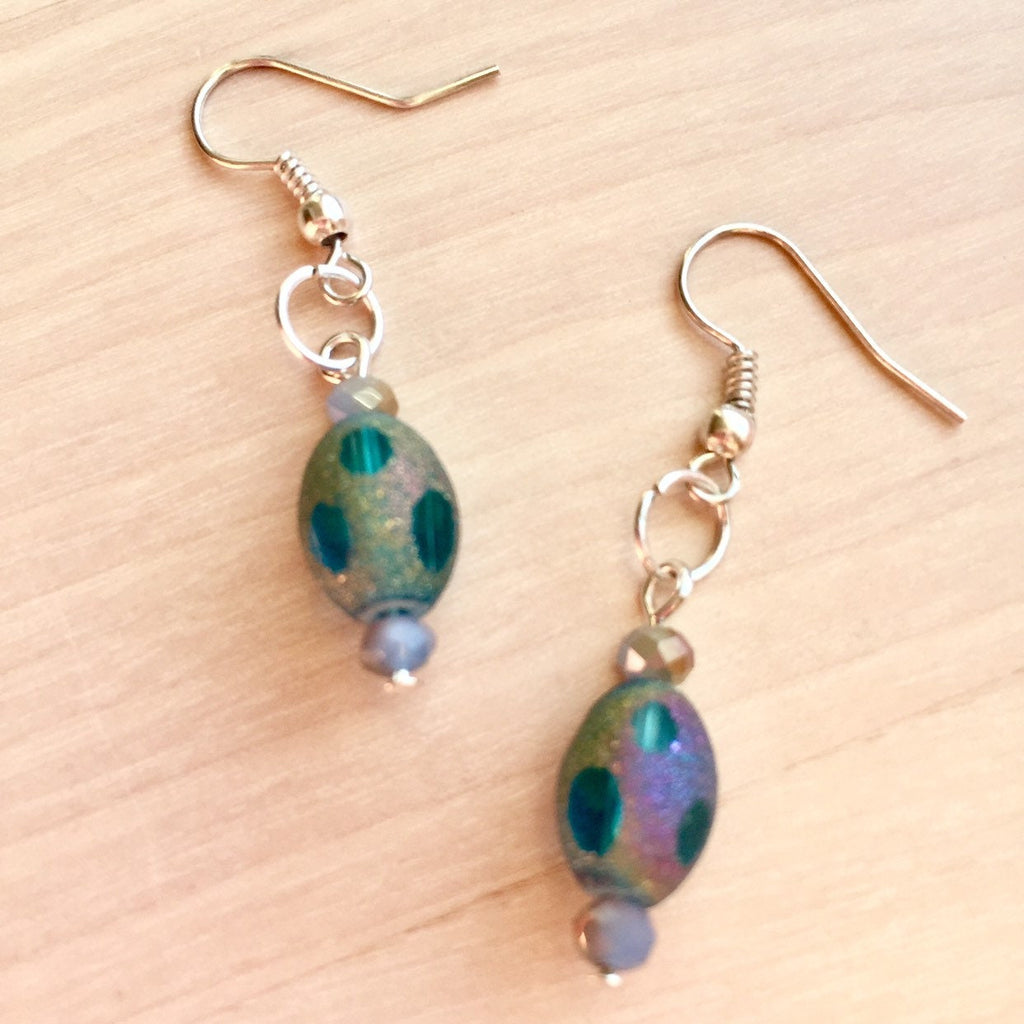 Iridescent Blue Dangle Earrings, Easter Egg Style