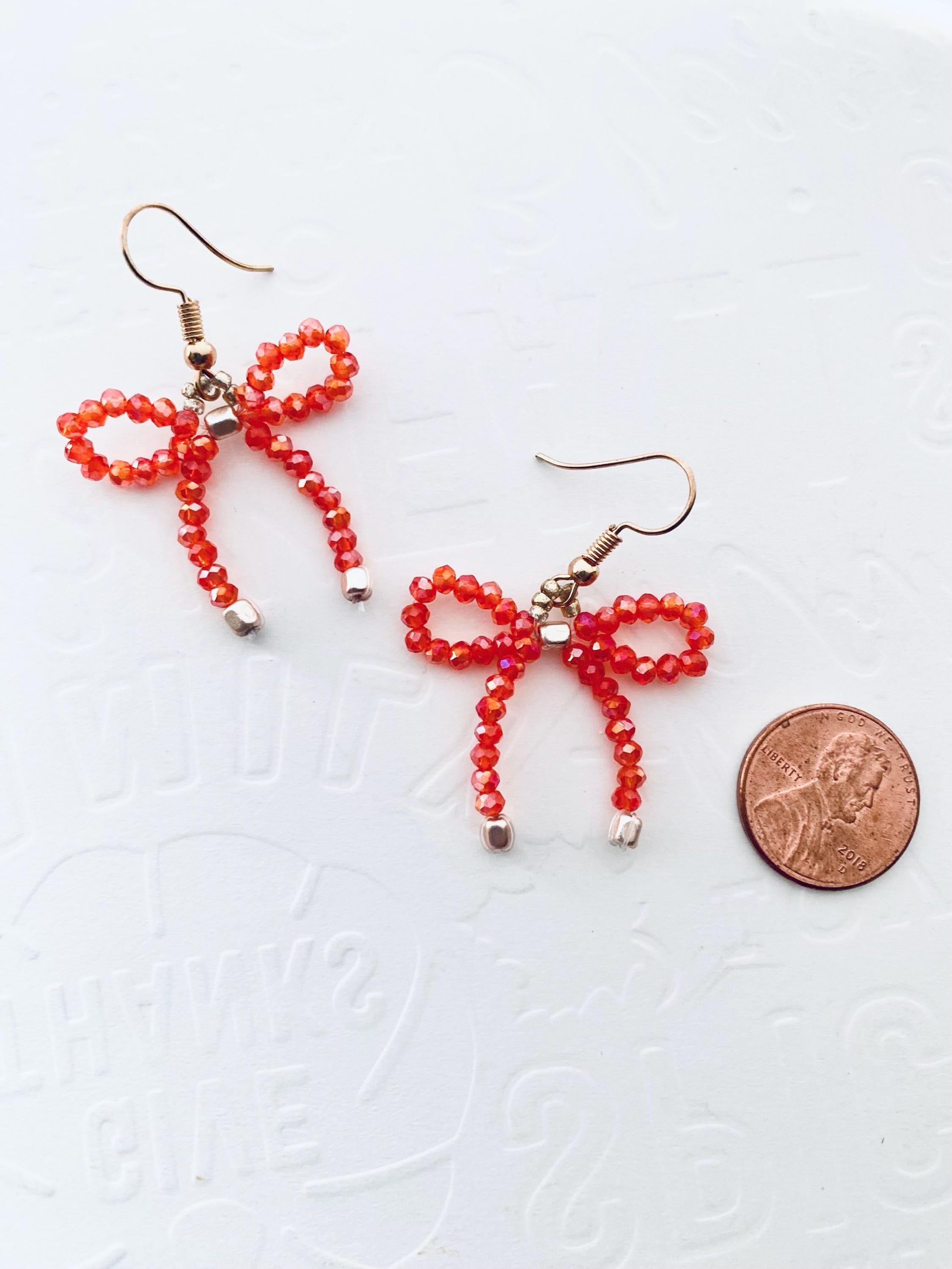 Halloween Crystal Bow Earrings, Orange Beaded Festive Jewelry