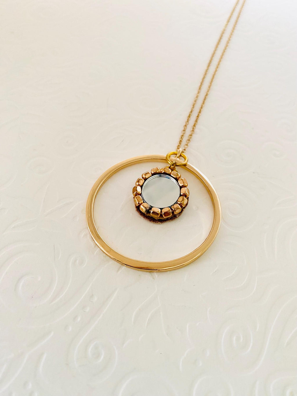 Mirror Pendant Necklace, 30" Gold Plated Circular Necklace