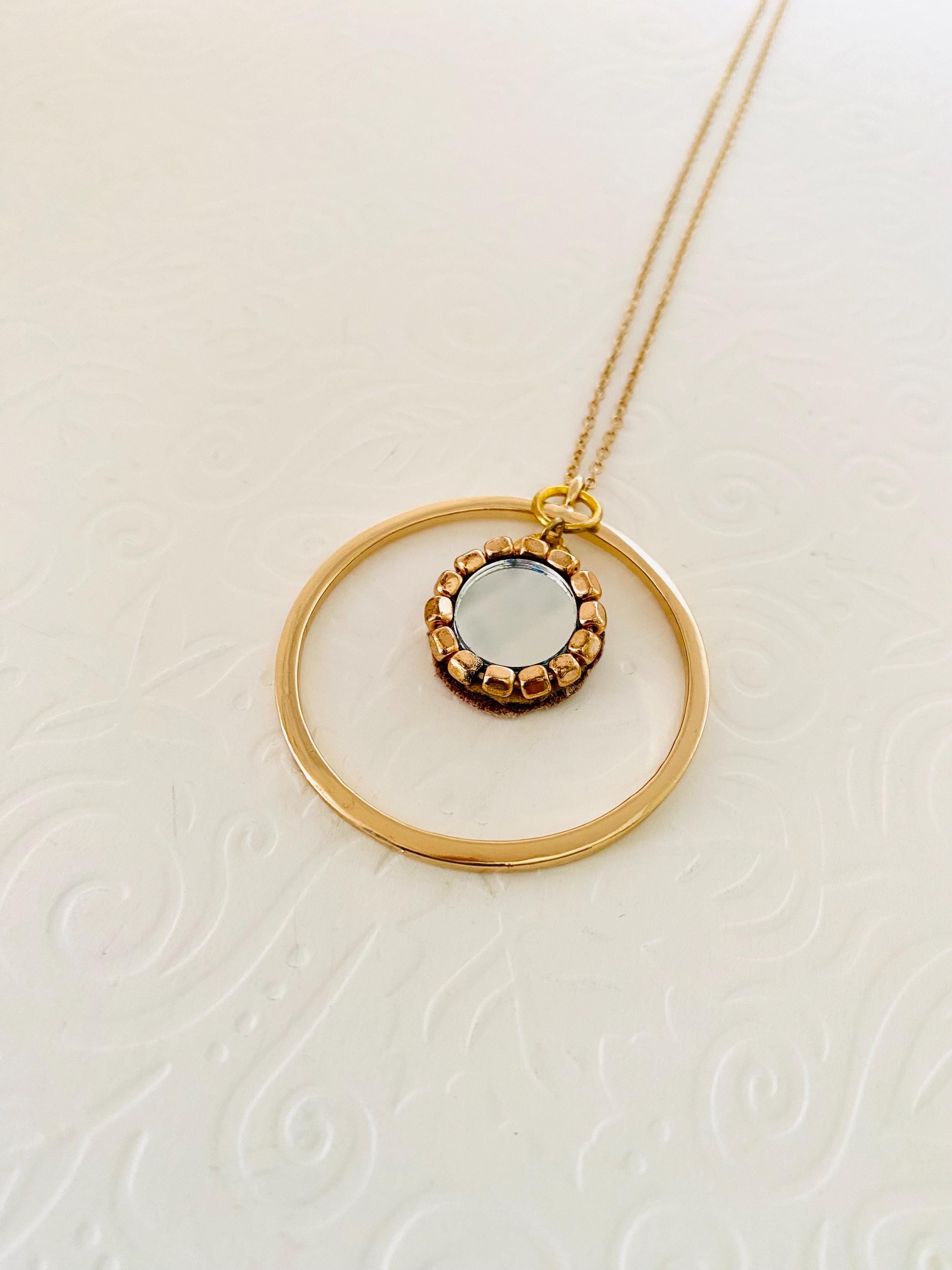 Mirror Pendant Necklace, 30" Gold Plated Circular Necklace