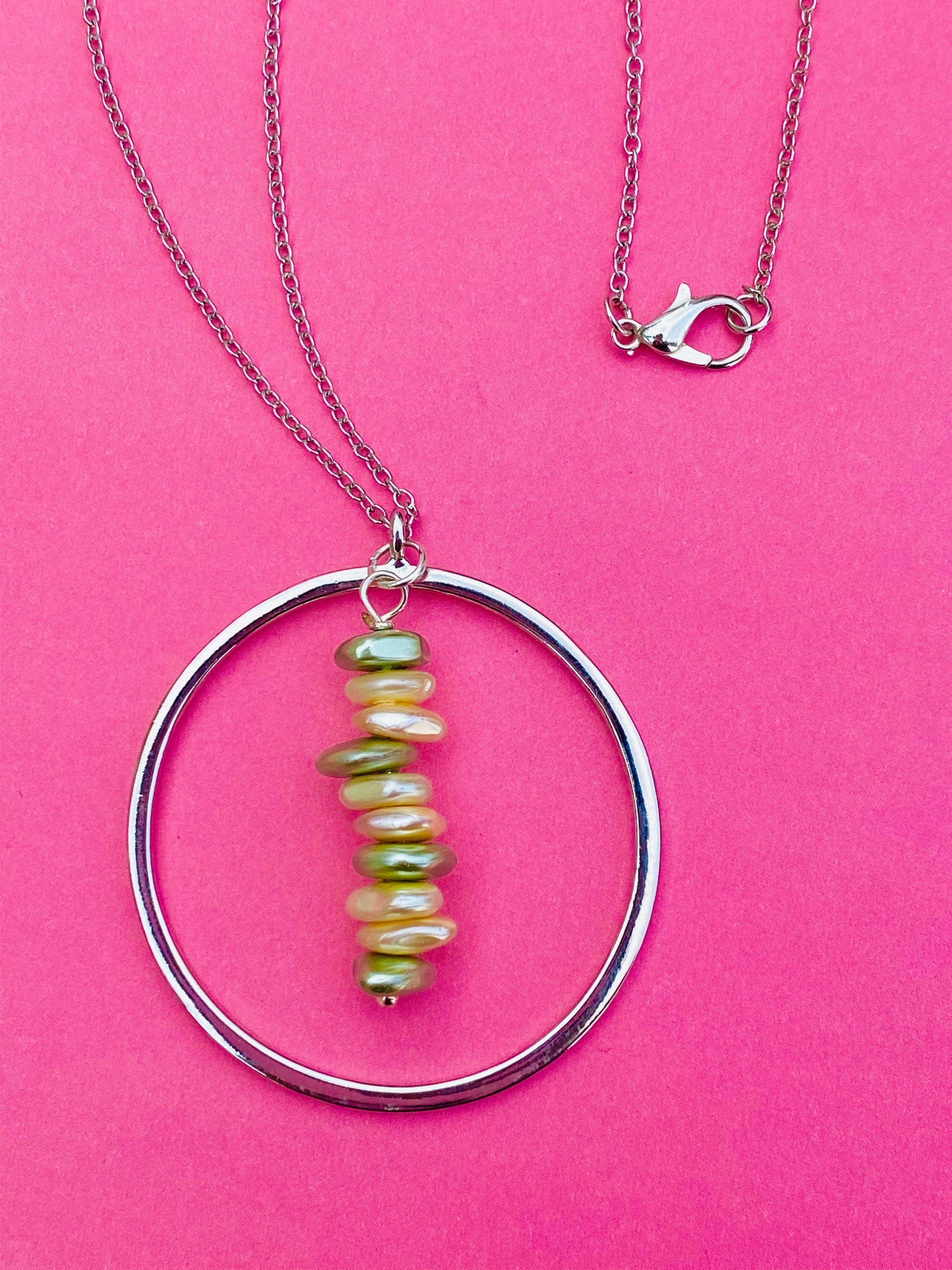 Cream Sage Pearl Necklace, Silver Circular Pendant, 30 inch Chain