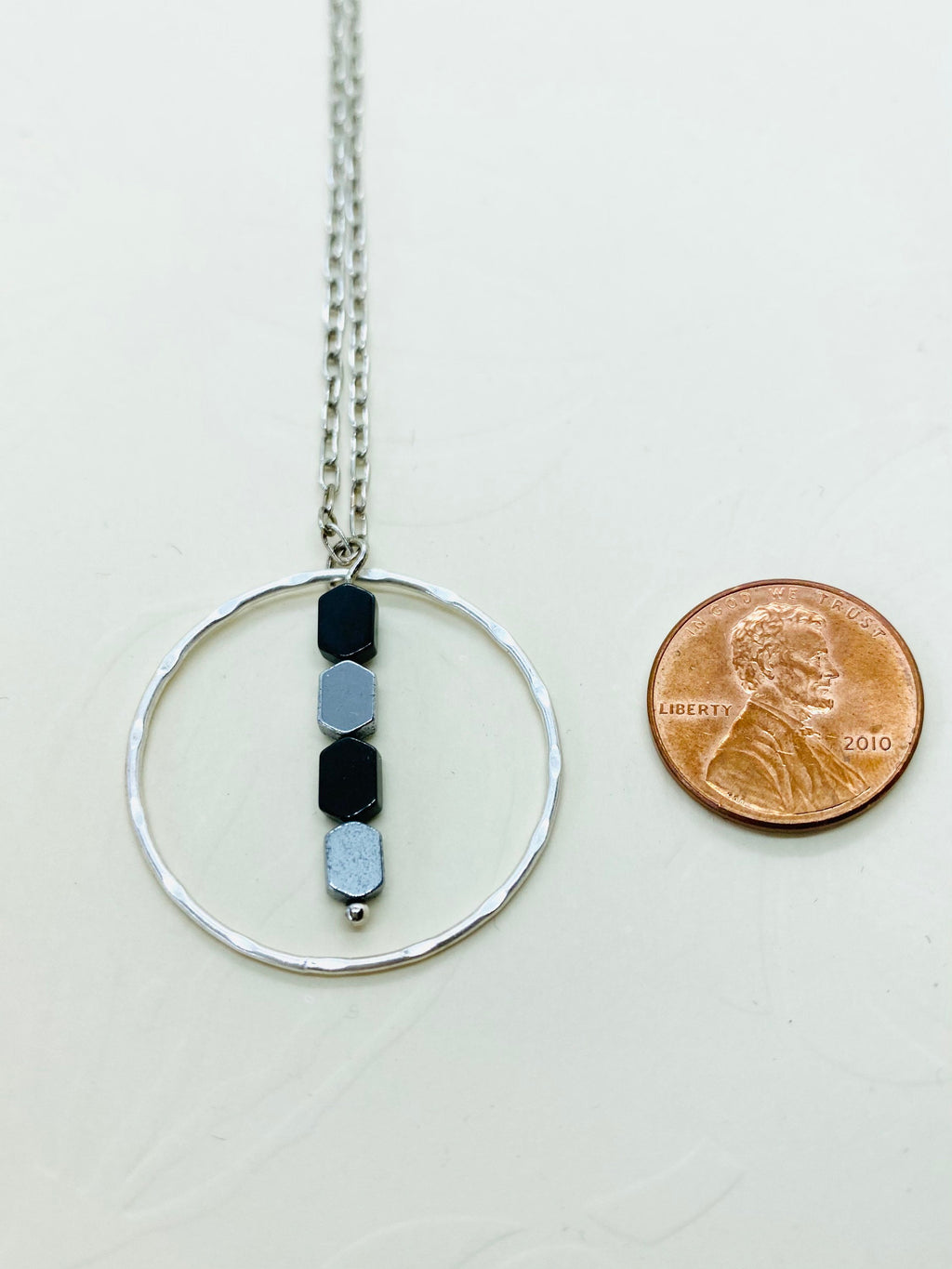 Circular Pendant Necklace, Silver & Black Hematite Beads
