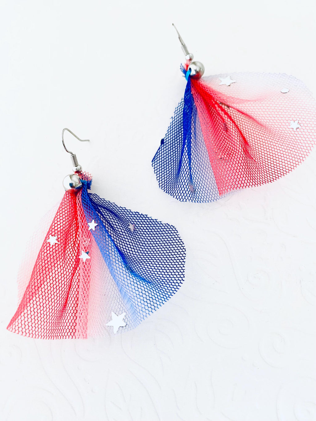 4th of July Tulle Earrings, Patriotic Silver Star Dangle