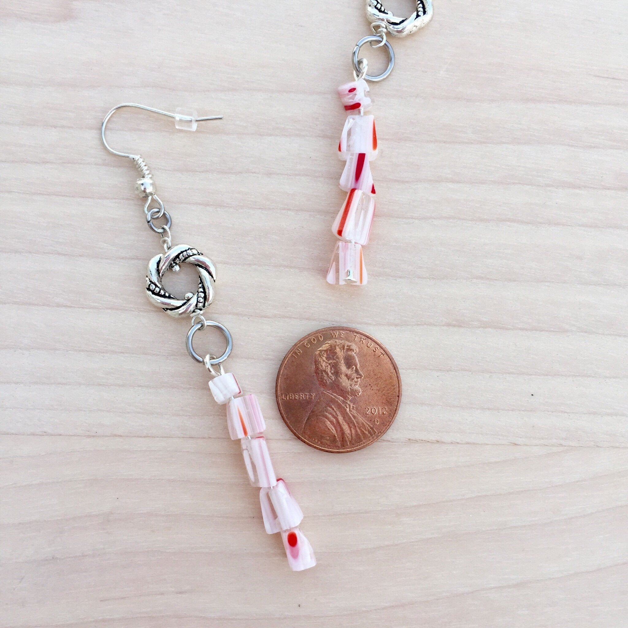 Handmade Candy Cane Glass Bead Earrings, Christmas Holiday Jewelry