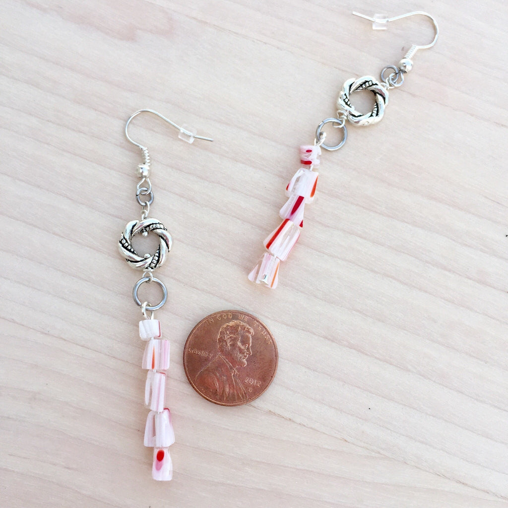 Handmade Candy Cane Glass Bead Earrings, Christmas Holiday Jewelry