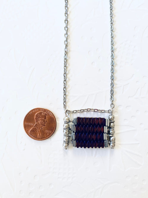 Burgundy Beaded Pendant Necklace, Silver Plated Chain, Festive Jewelry