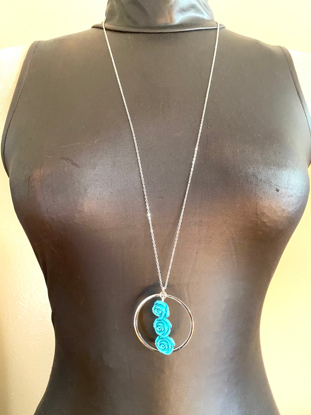 Blue Flower Pendant Necklace, Silver Circle, 30 inch Chain