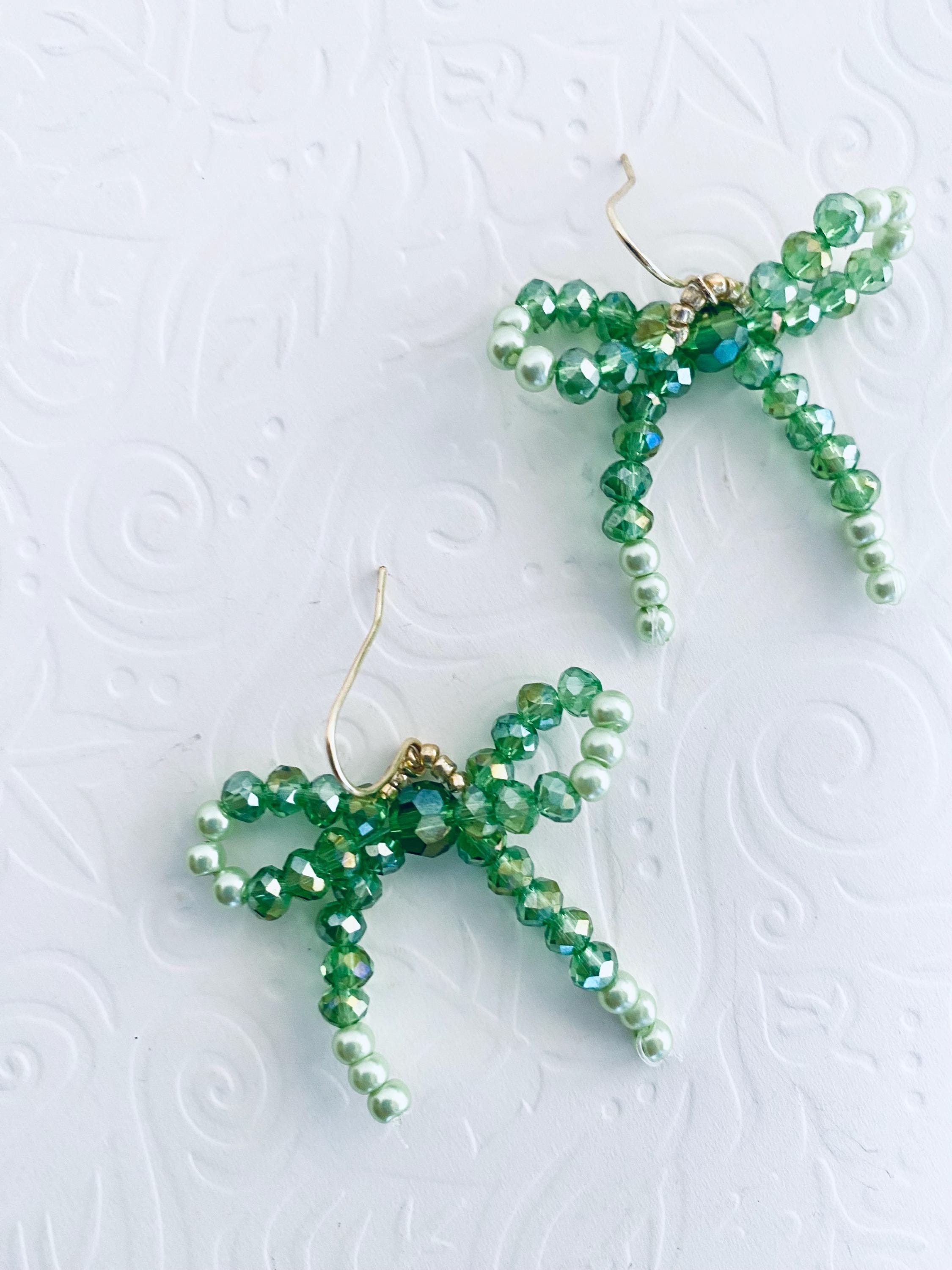 Handmade Green Crystal Bow Earrings, Beaded Dangle Earrings