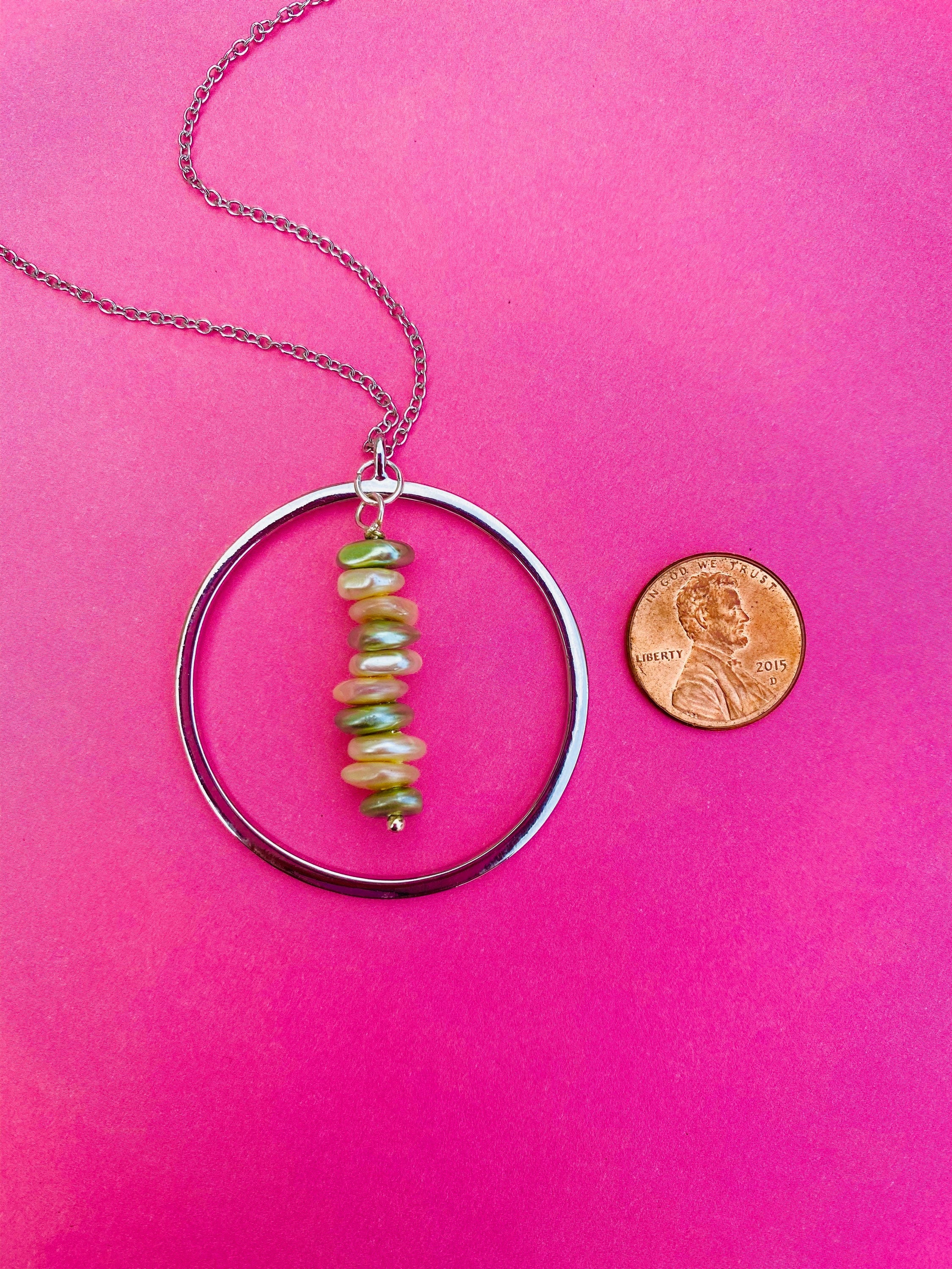 Cream Sage Pearl Necklace, Silver Circular Pendant, 30 inch Chain
