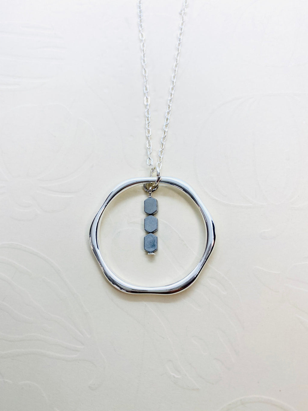 Silver Hexagon Pendant Necklace with Hematite Beads, 30 Inch Chain