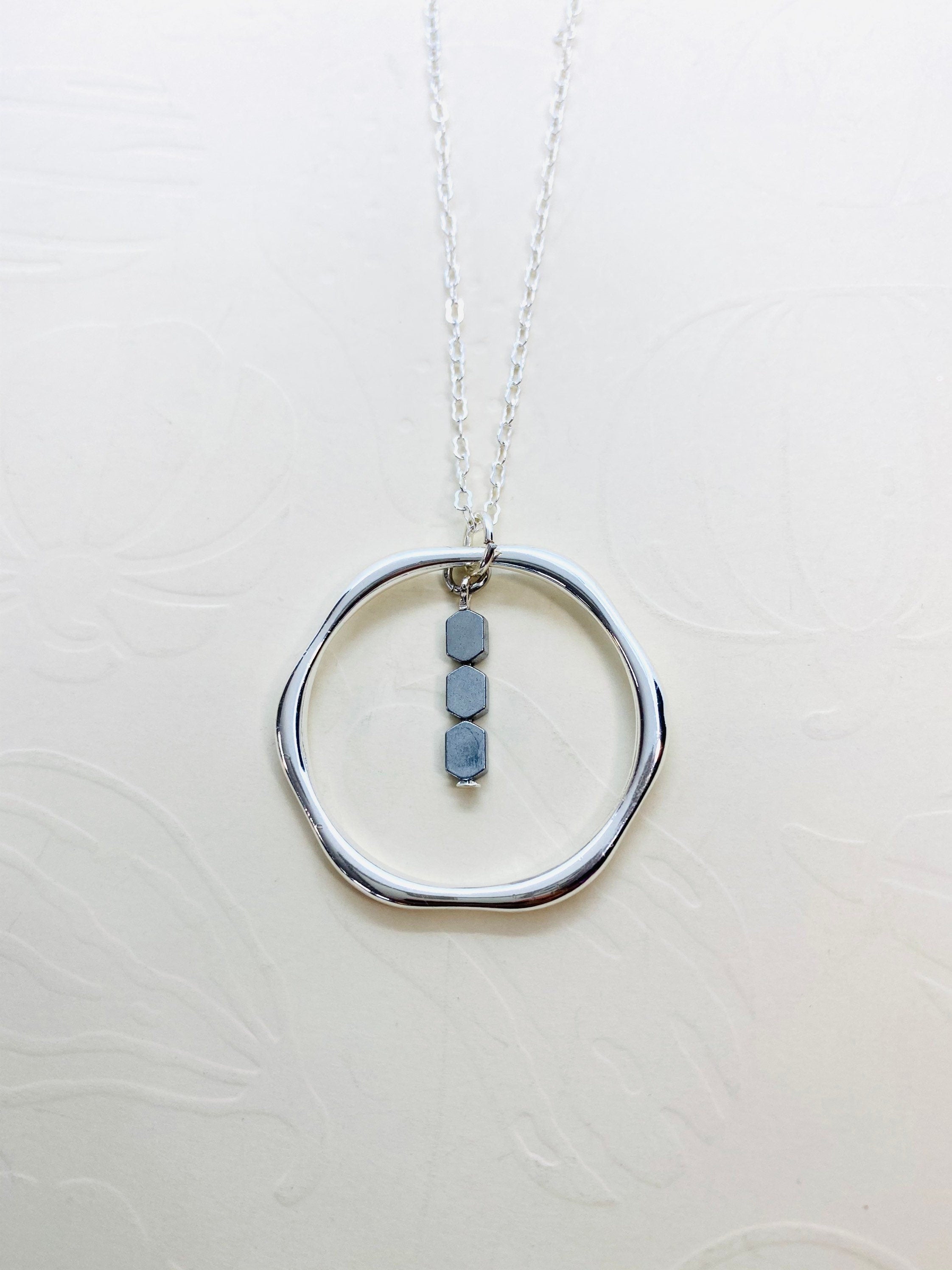 Silver Hexagon Pendant Necklace with Hematite Beads, 30 Inch Chain