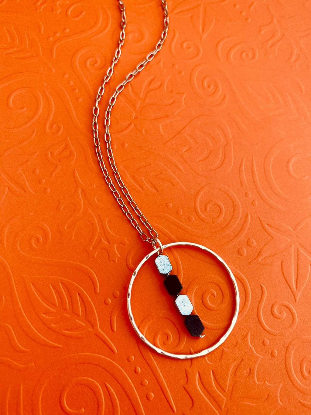 Circular Pendant Necklace, Silver & Black Hematite Beads