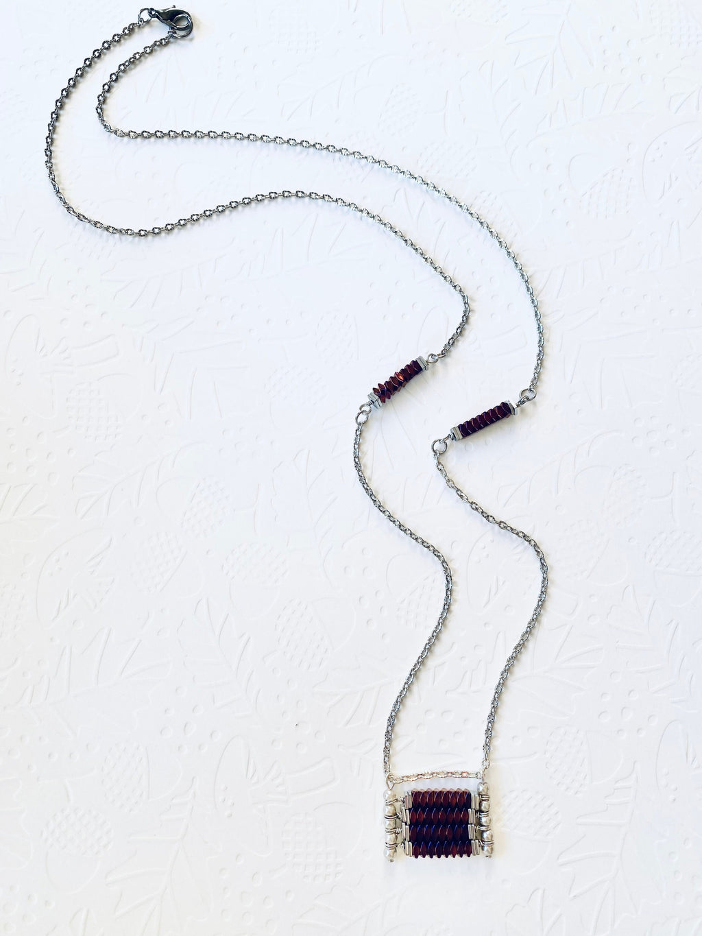 Burgundy Beaded Pendant Necklace, Silver Plated Chain, Festive Jewelry