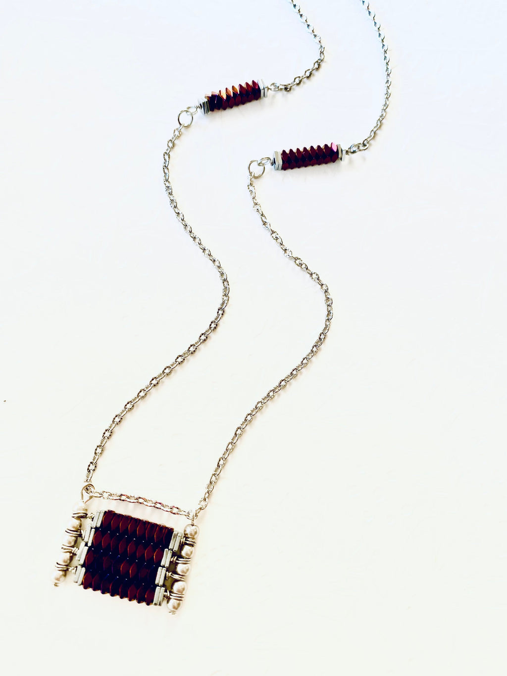 Burgundy Beaded Pendant Necklace, Silver Plated Chain, Festive Jewelry