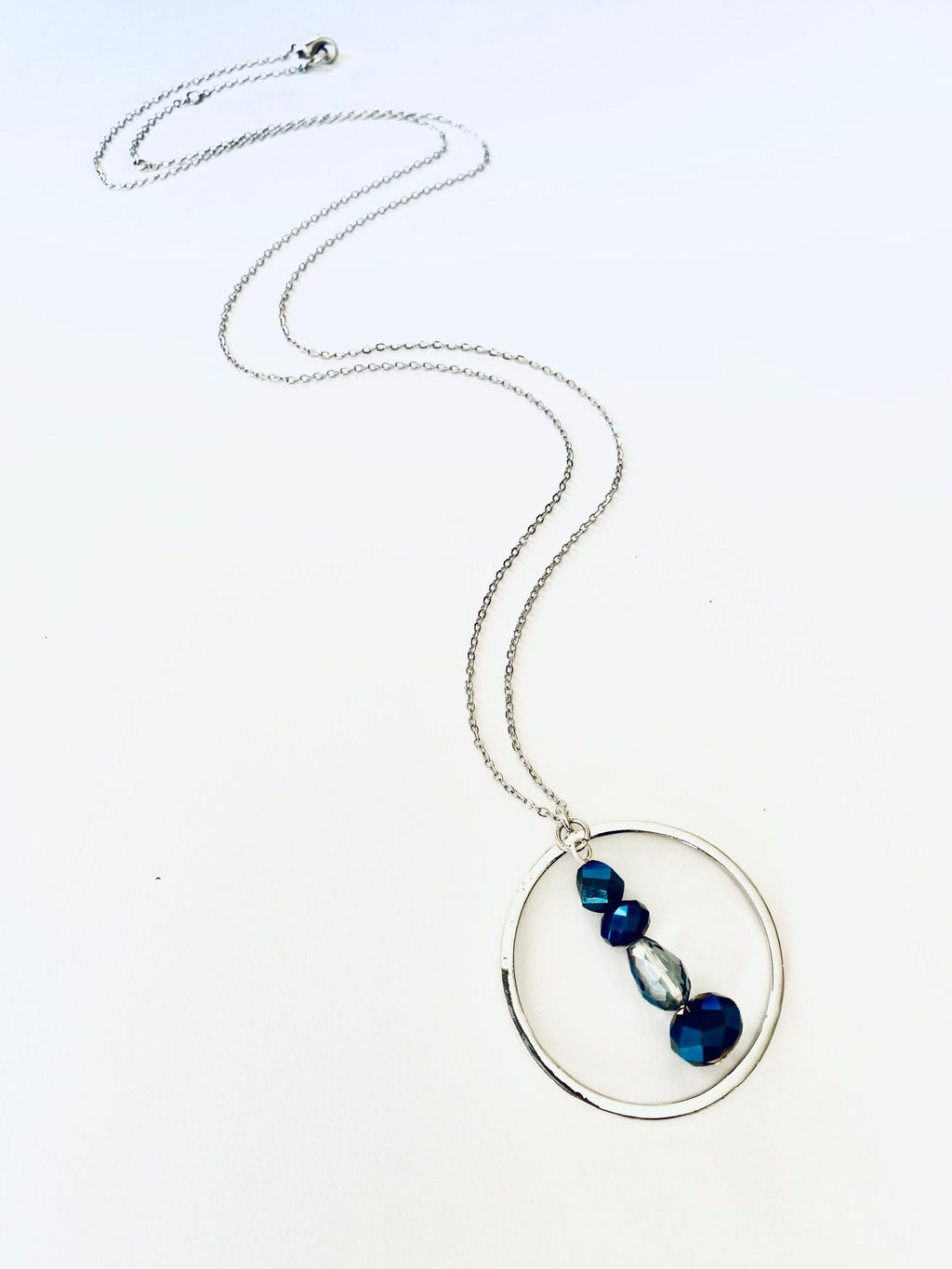 Blue Iridescent Beaded Pendant Necklace, Silver Plated, 30 Inch