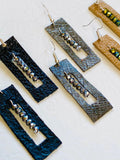 Rectangular Leather Earrings, Crystal Beaded, Handmade