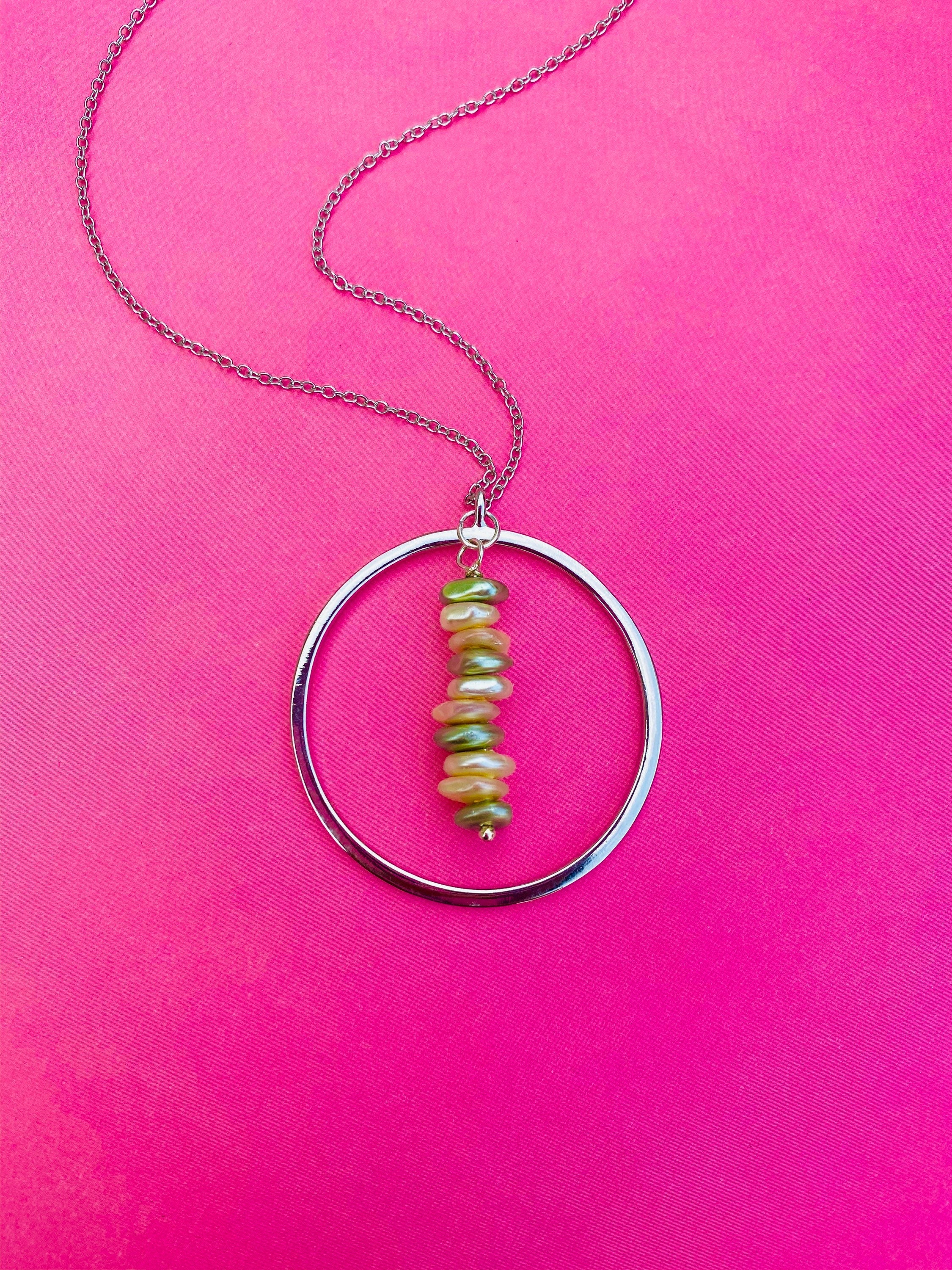 Cream Sage Pearl Necklace, Silver Circular Pendant, 30 inch Chain