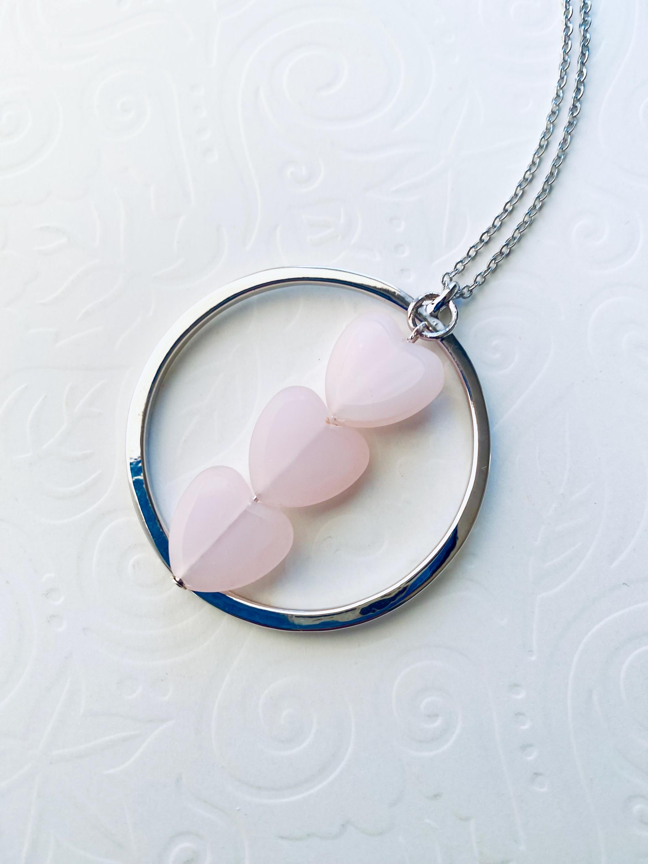 Pink Glass Heart Pendant Necklace, Silver Plated Chain, 30 Inch