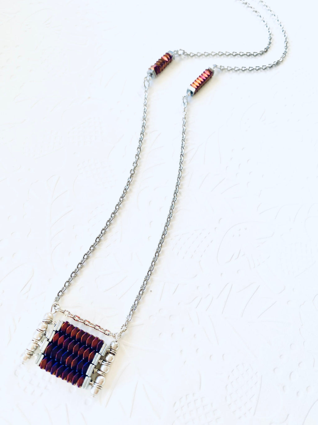Burgundy Beaded Pendant Necklace, Silver Plated Chain, Festive Jewelry