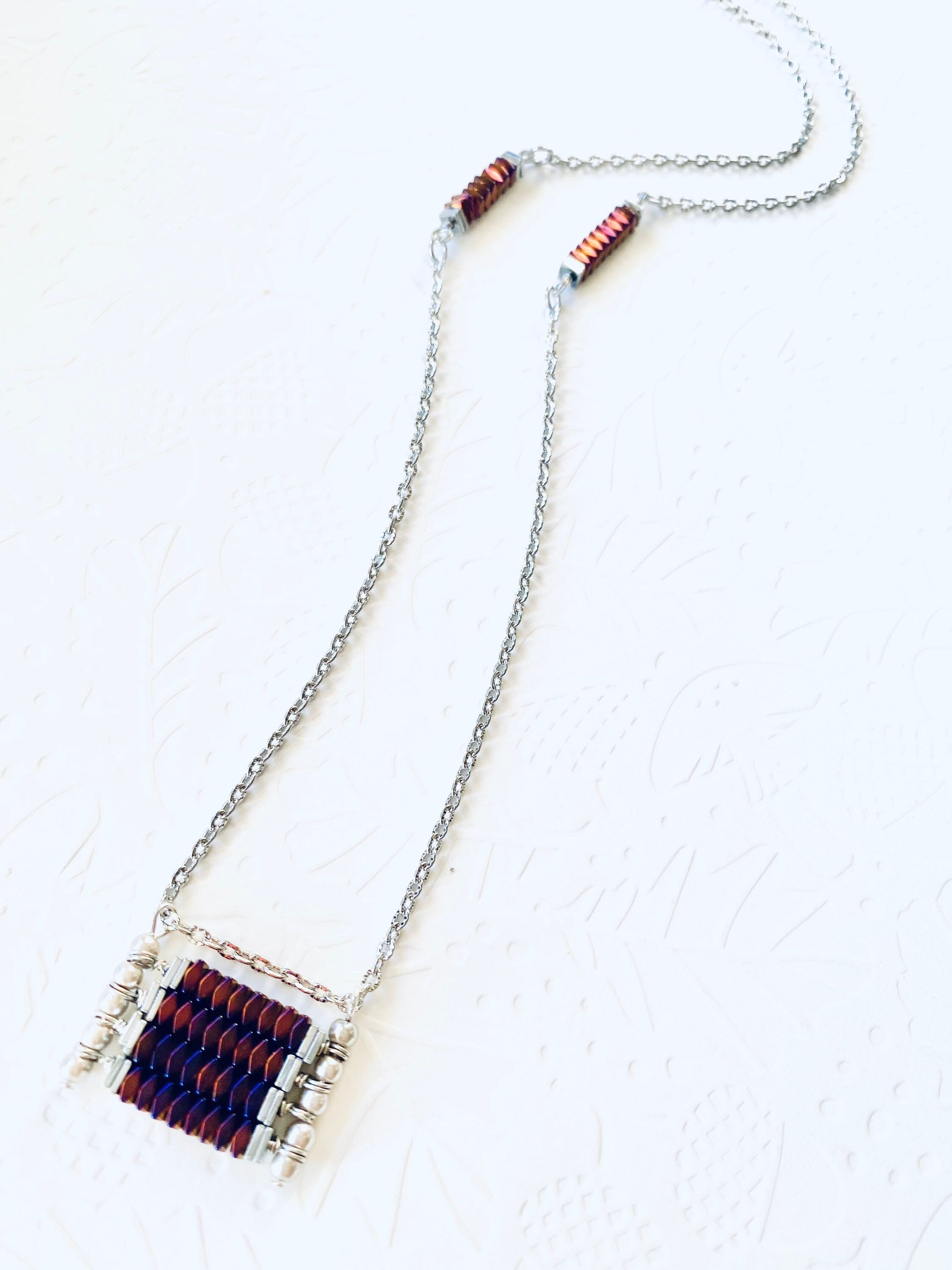 Burgundy Beaded Pendant Necklace, Silver Plated Chain, Festive Jewelry