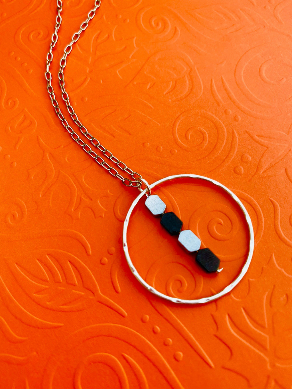 Circular Pendant Necklace, Silver & Black Hematite Beads