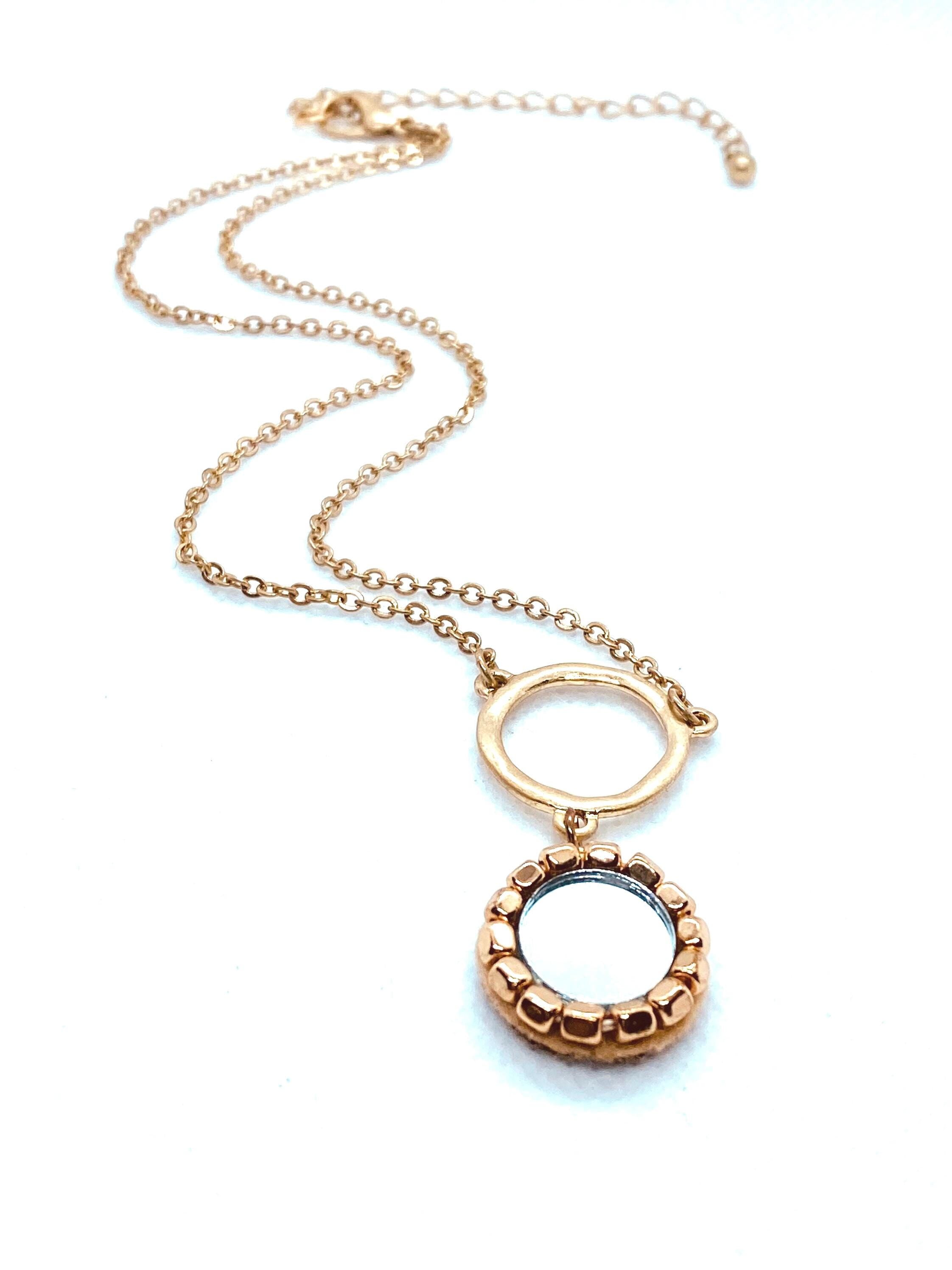 Matte Gold Plated Mirror Pendant Necklace, Beaded Design
