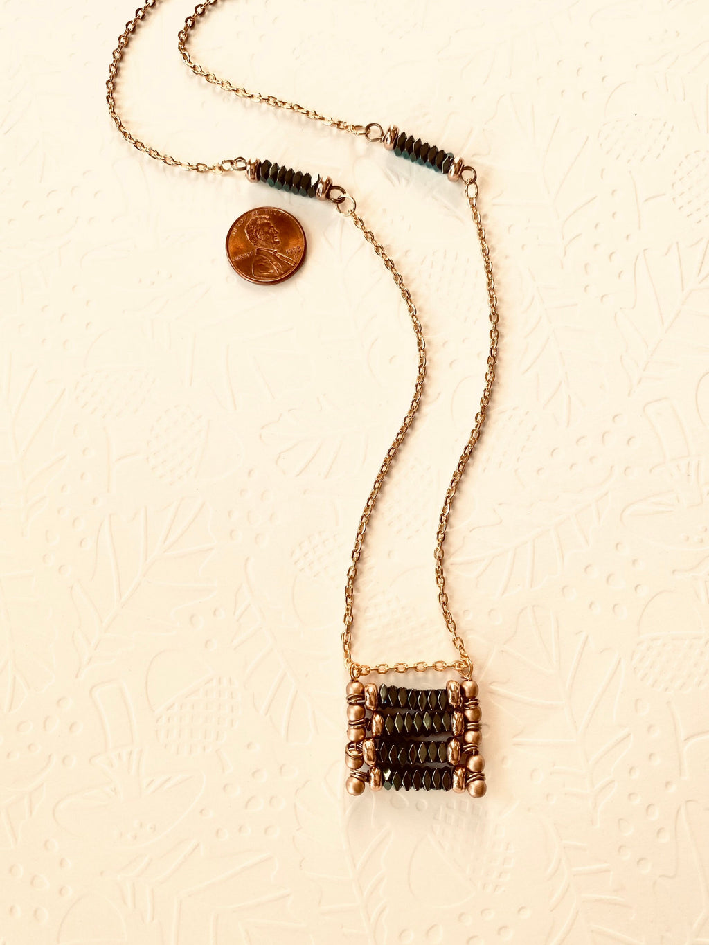 Rectangular Beaded Pendant Necklace, Green and Matte Gold, 30 inch
