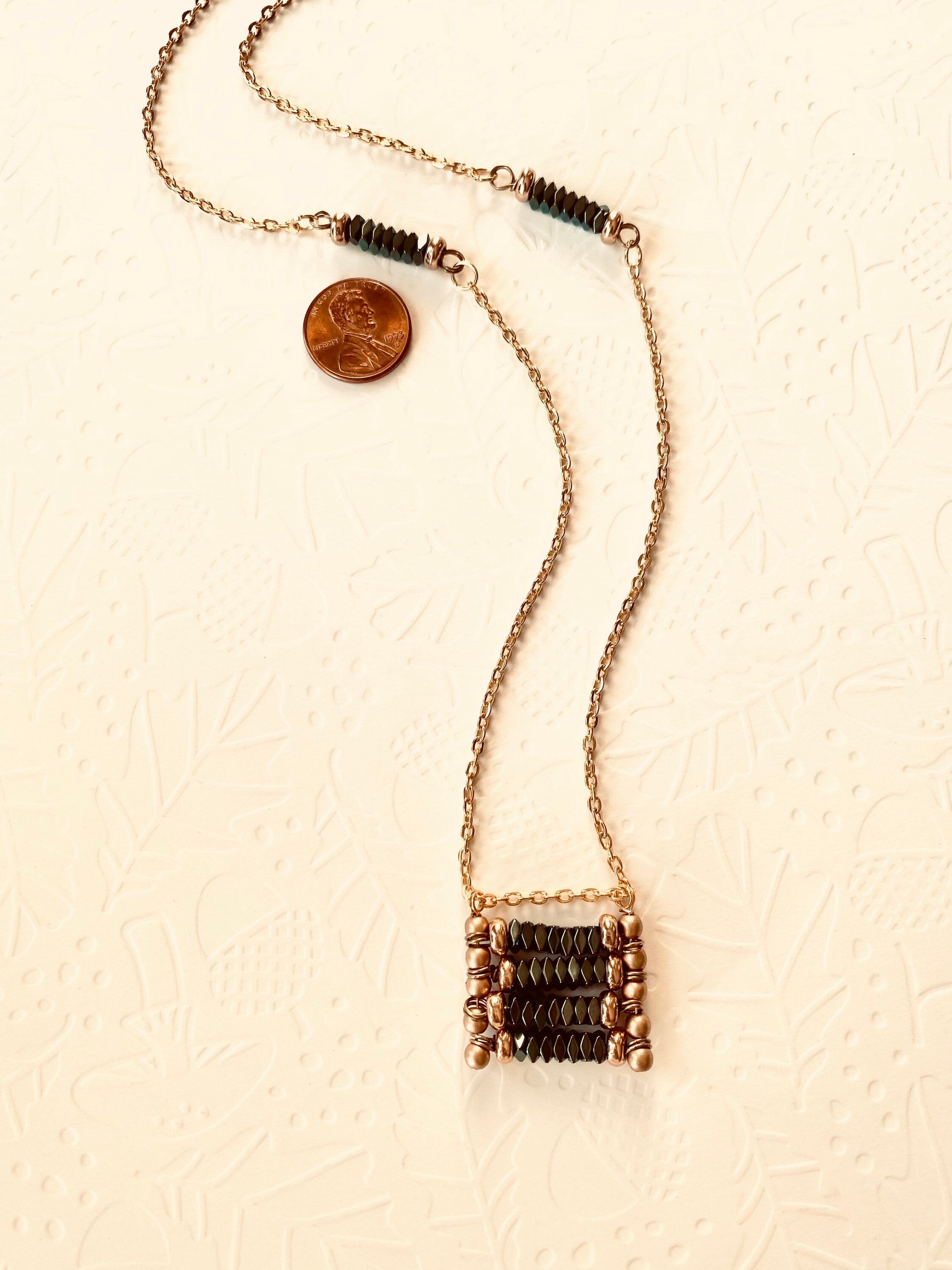 Rectangular Beaded Pendant Necklace, Green and Matte Gold, 30 inch