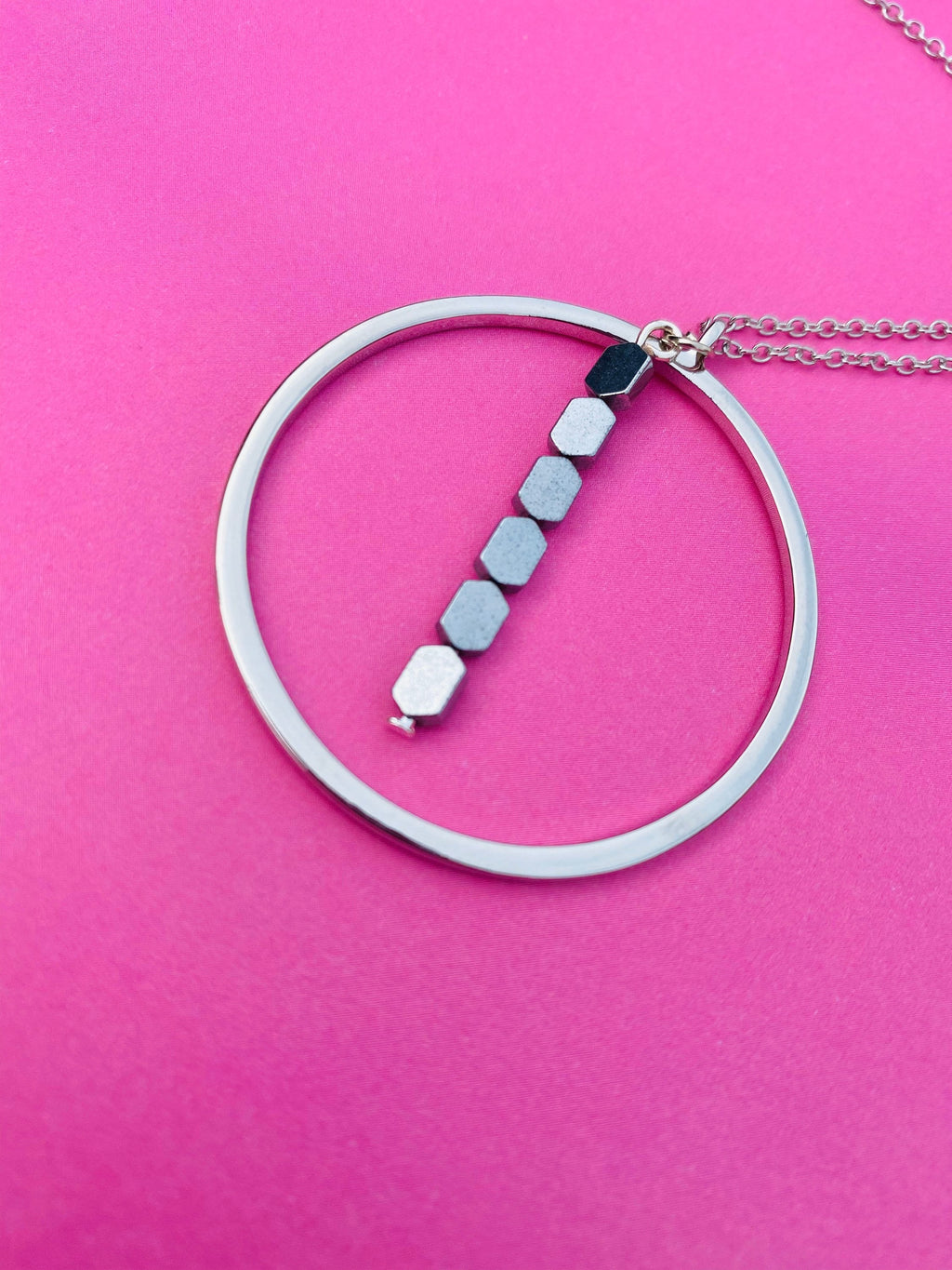 Silver Plated Circular Pendant Necklace with Hematite Beads, 30 Inch