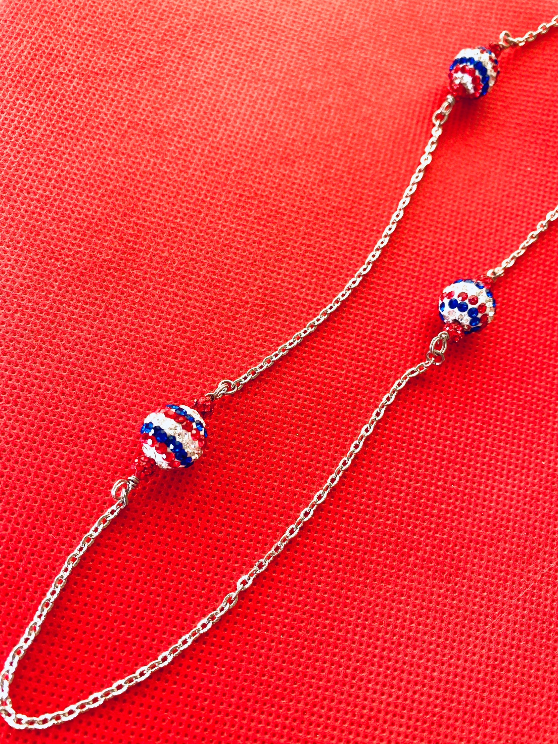 Handmade 4th of July Rhinestone Necklace, Red White and Blue Silver Chain
