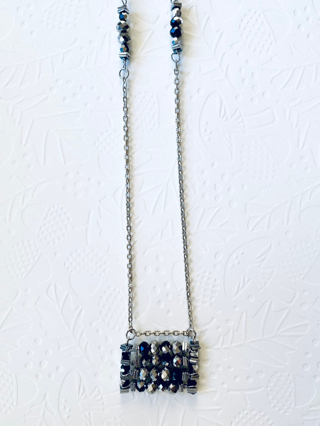 Black Silver Beaded Pendant Necklace, Festive Rectangular Jewelry, 30 Inch Chain